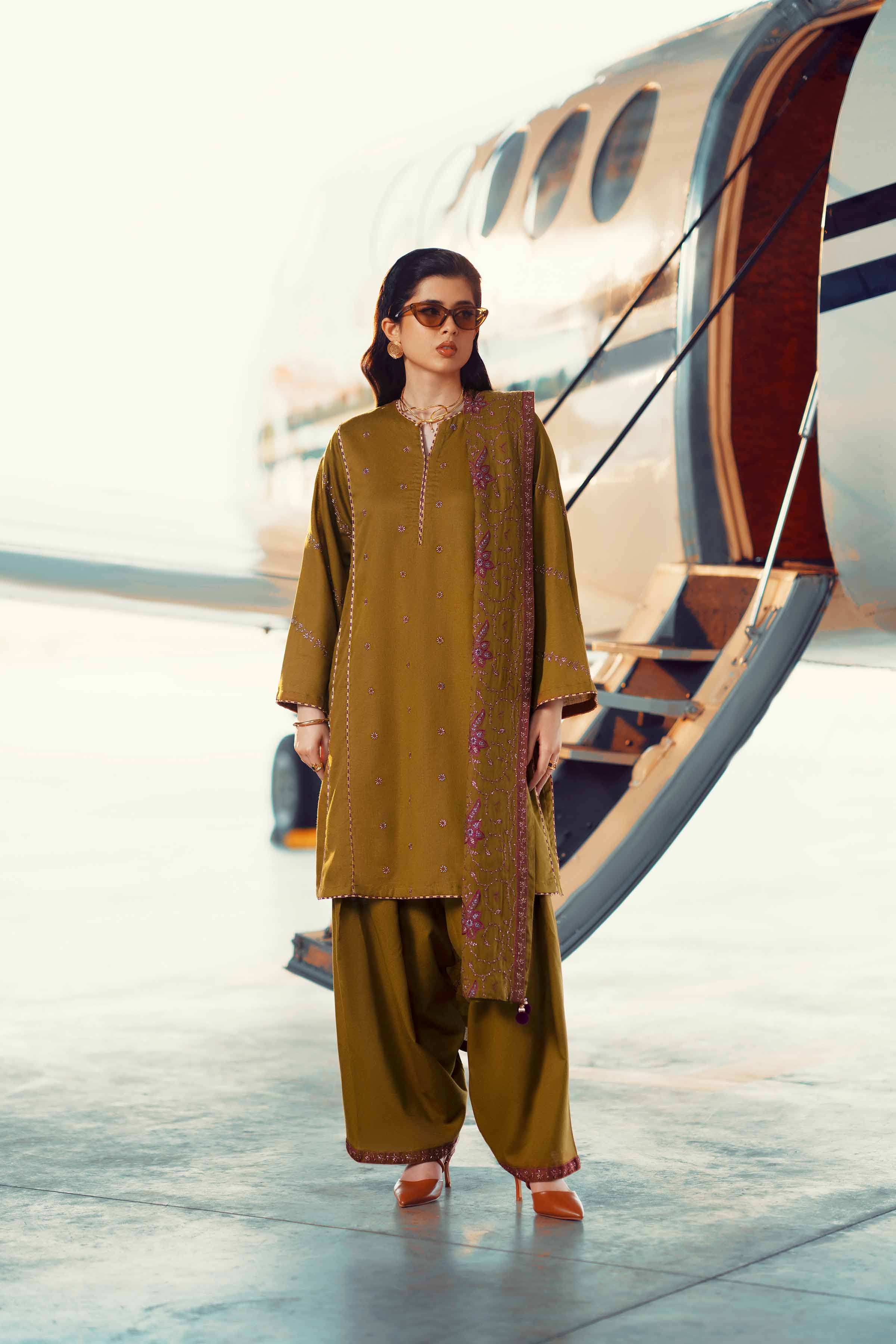 NishatUK - Olive Embroidered  Karandi 3-piece ready to wear Suit