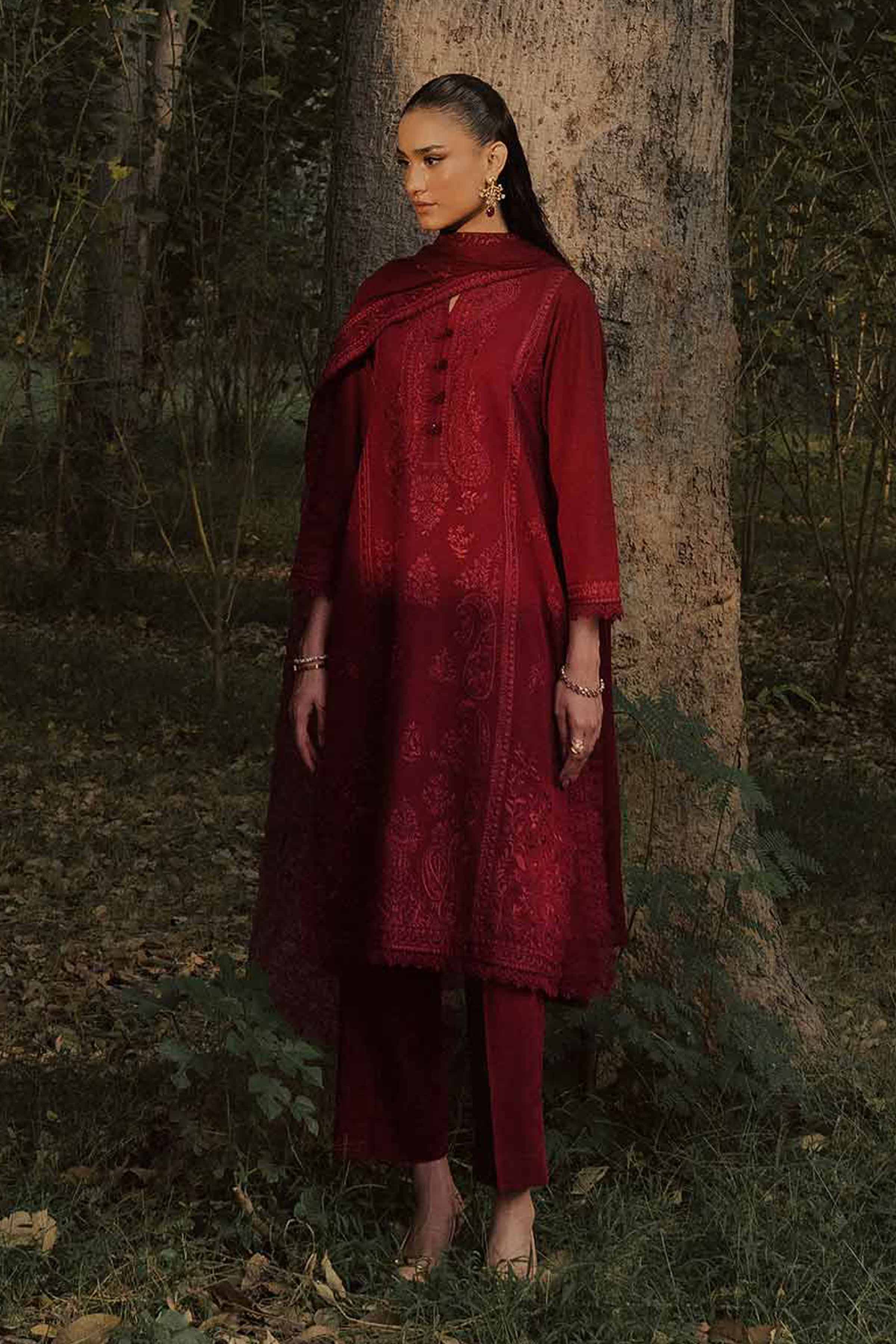 NishatUK - Red Embroidered Karandi 3-piece ready to wear suit