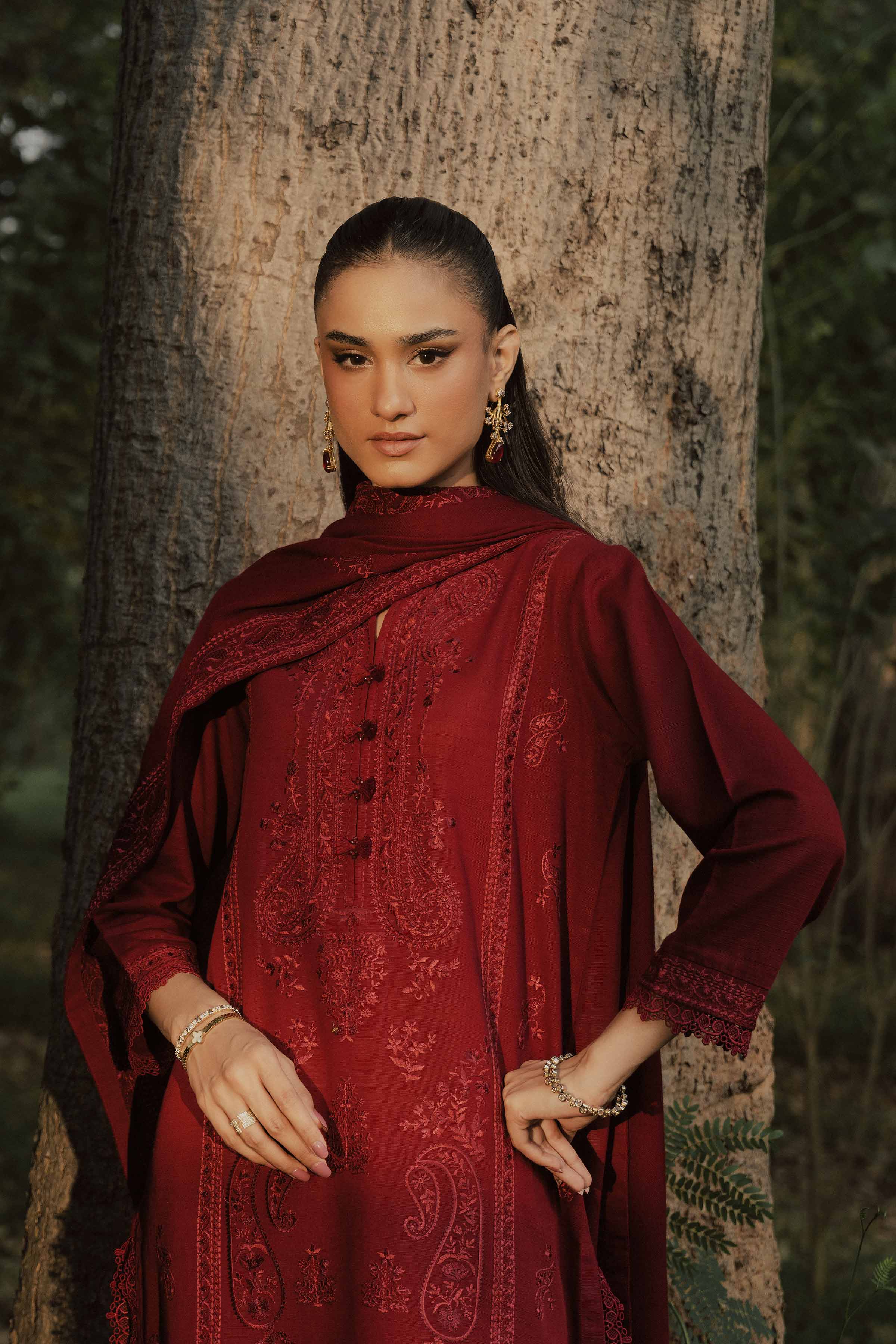 NishatUK - Red Embroidered Karandi 3-piece ready to wear suit