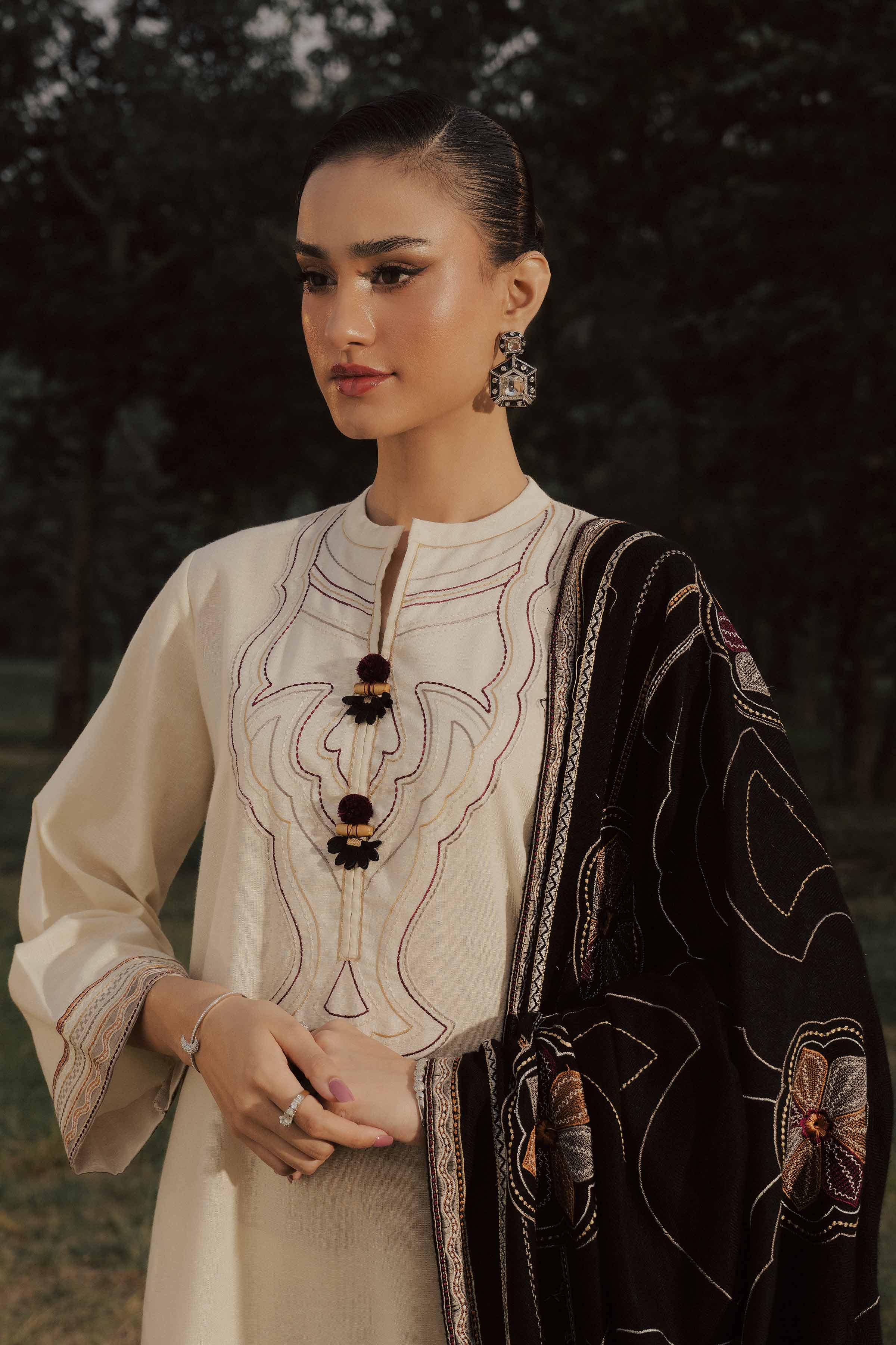 NishatUK - White Embroidered Karandi 3-piece ready to wear suit