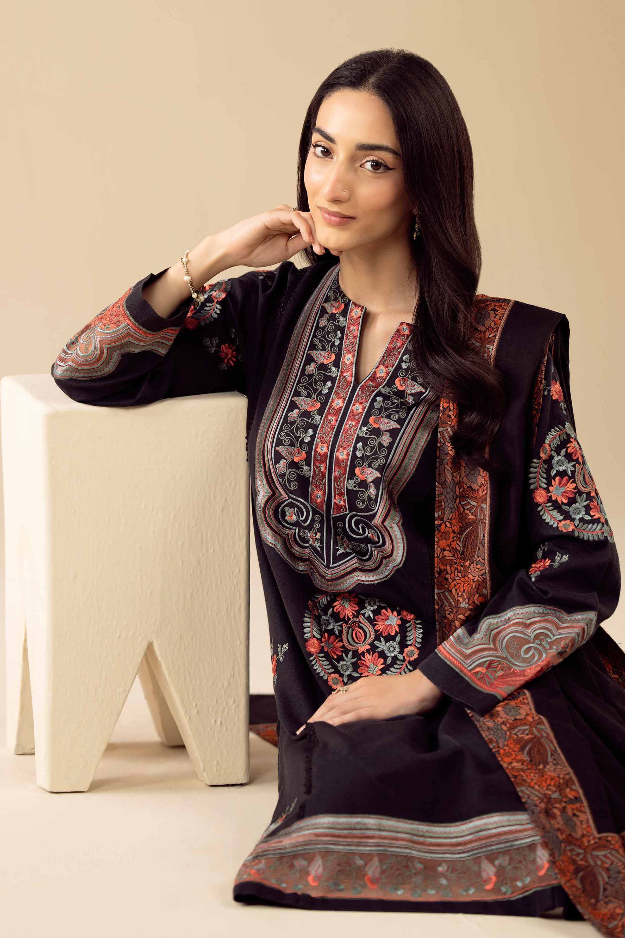 NishatUK - Black Embroidered Karandi 3-piece ready to wear suit