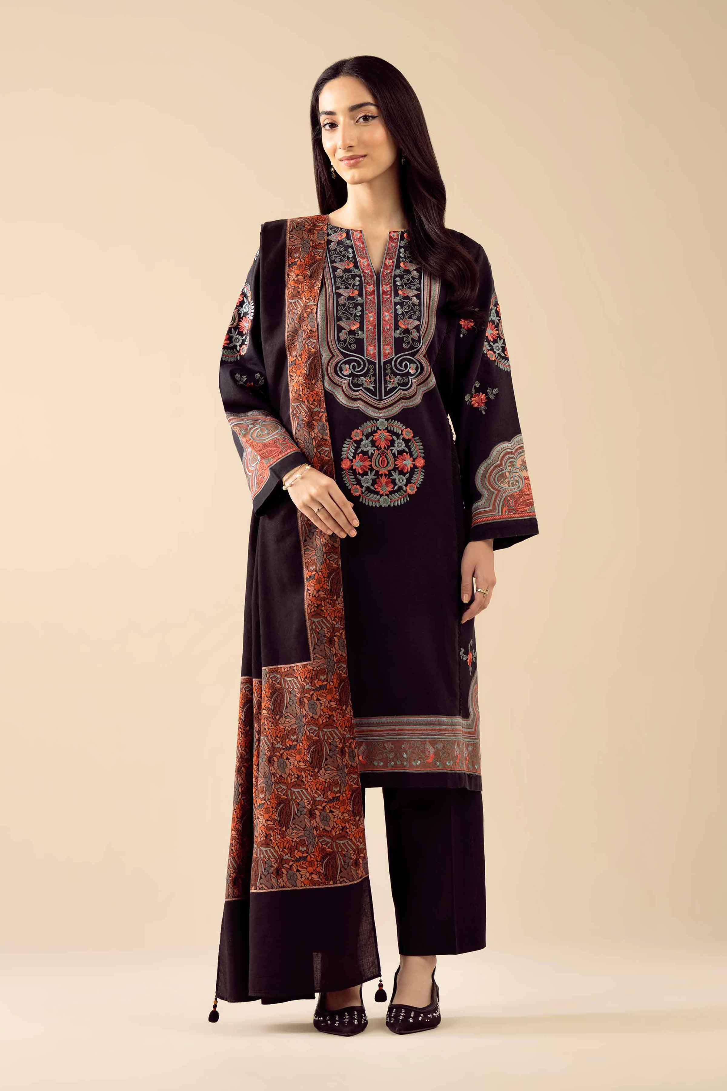 NishatUK - Black Embroidered Karandi 3-piece ready to wear suit