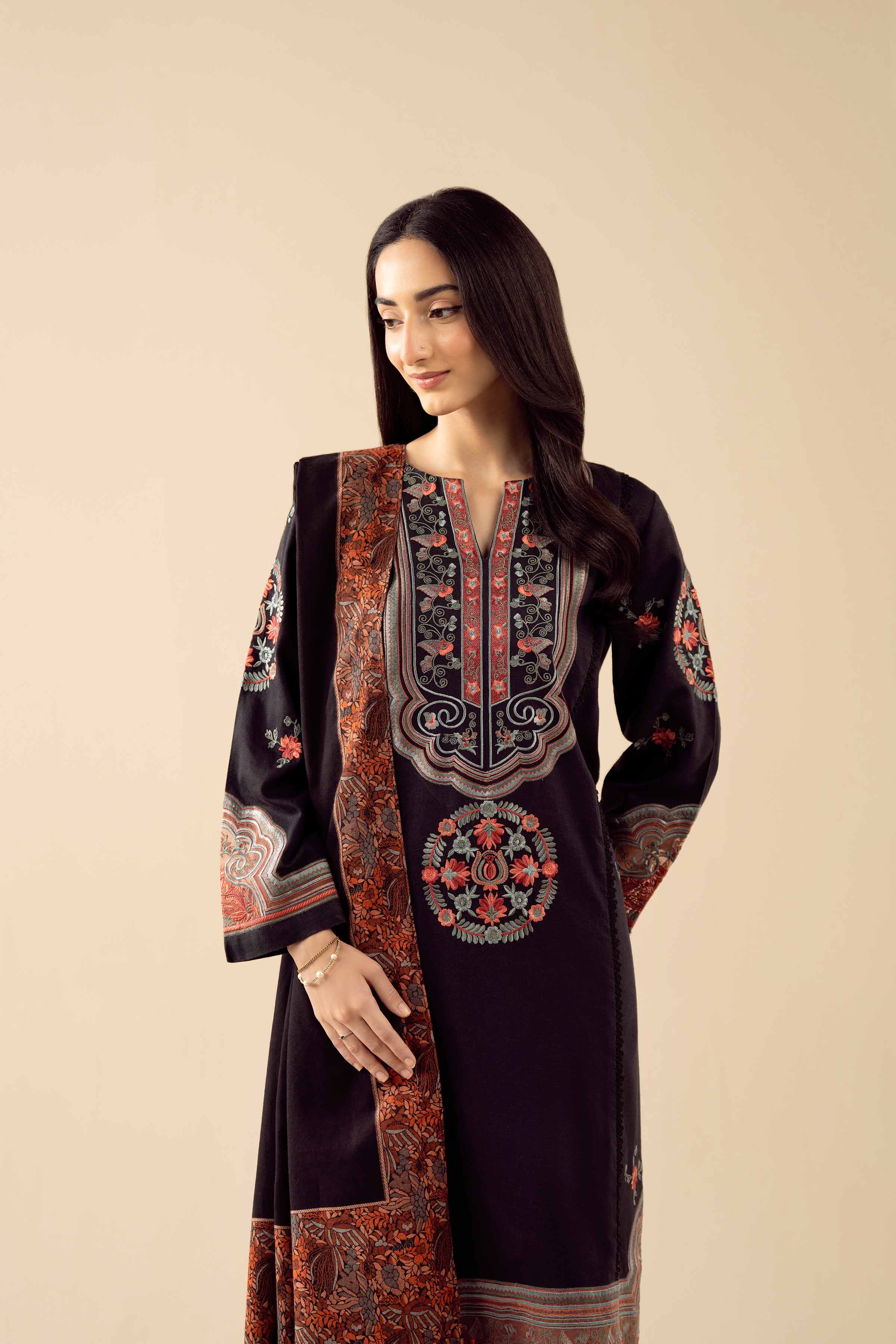 NishatUK - Black Embroidered Karandi 3-piece ready to wear suit