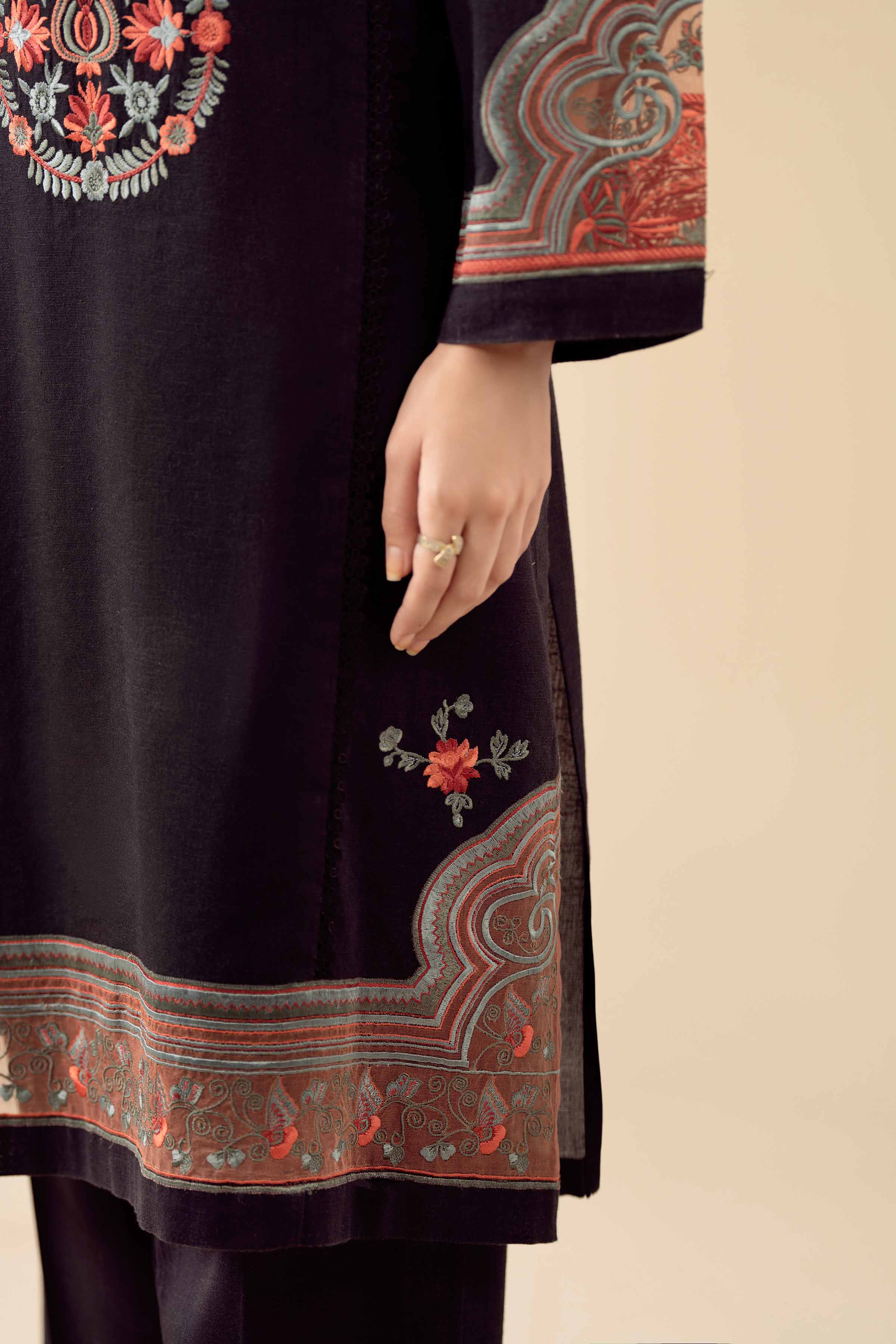 NishatUK - Black Embroidered Karandi 3-piece ready to wear suit