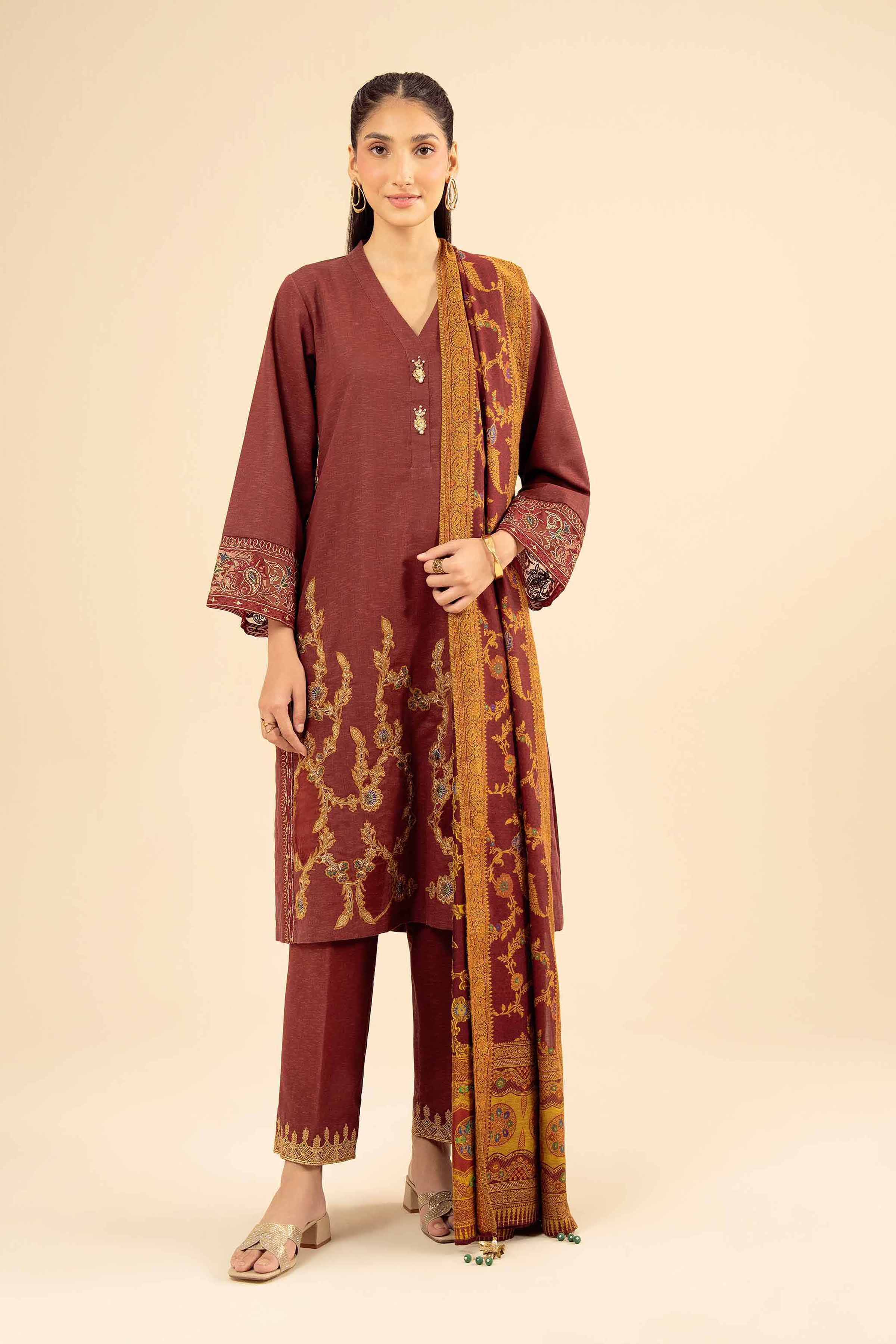 NishatUK - Maroon Embroidered  Karandi 3-piece ready to wear Suit