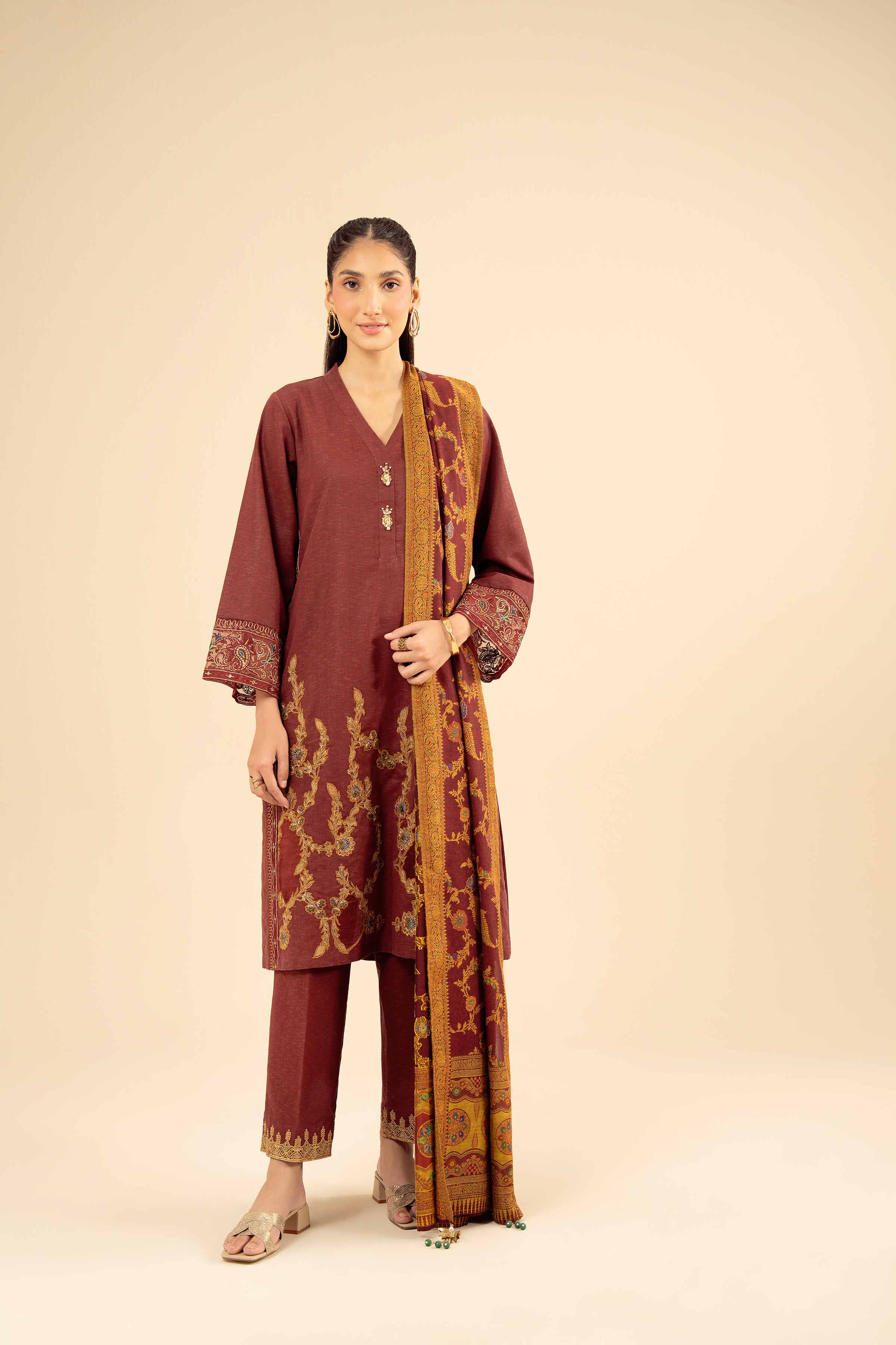NishatUK - Maroon Embroidered  Karandi 3-piece ready to wear Suit