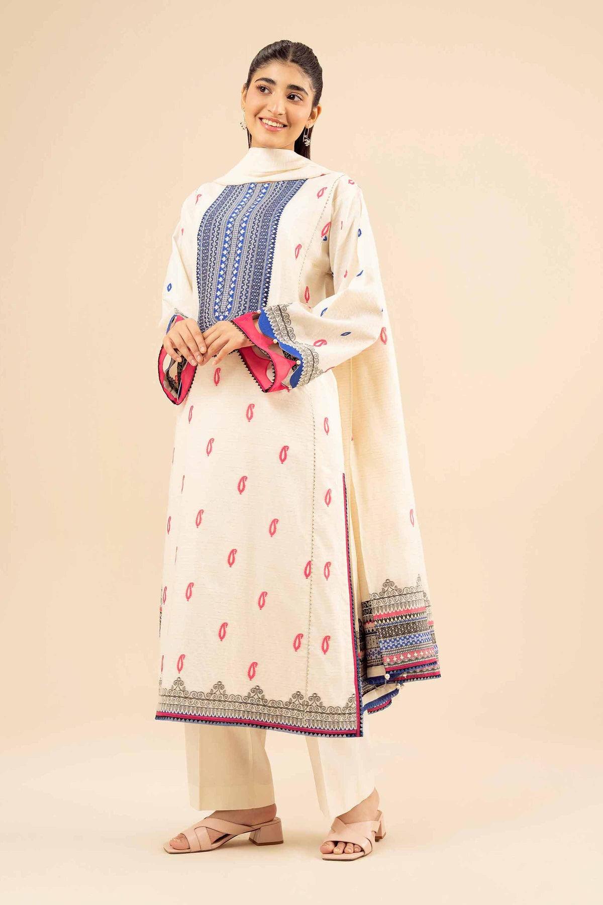 Nishat UK - White Printed Jacquard 3 Pieces ready to wear Suit
