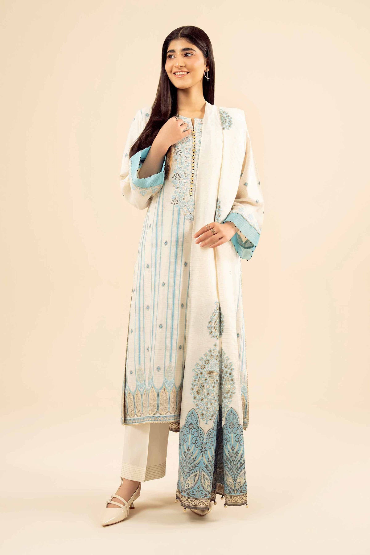 Nishat UK - White Printed Jacquard 3 Pieces ready to wear Suit