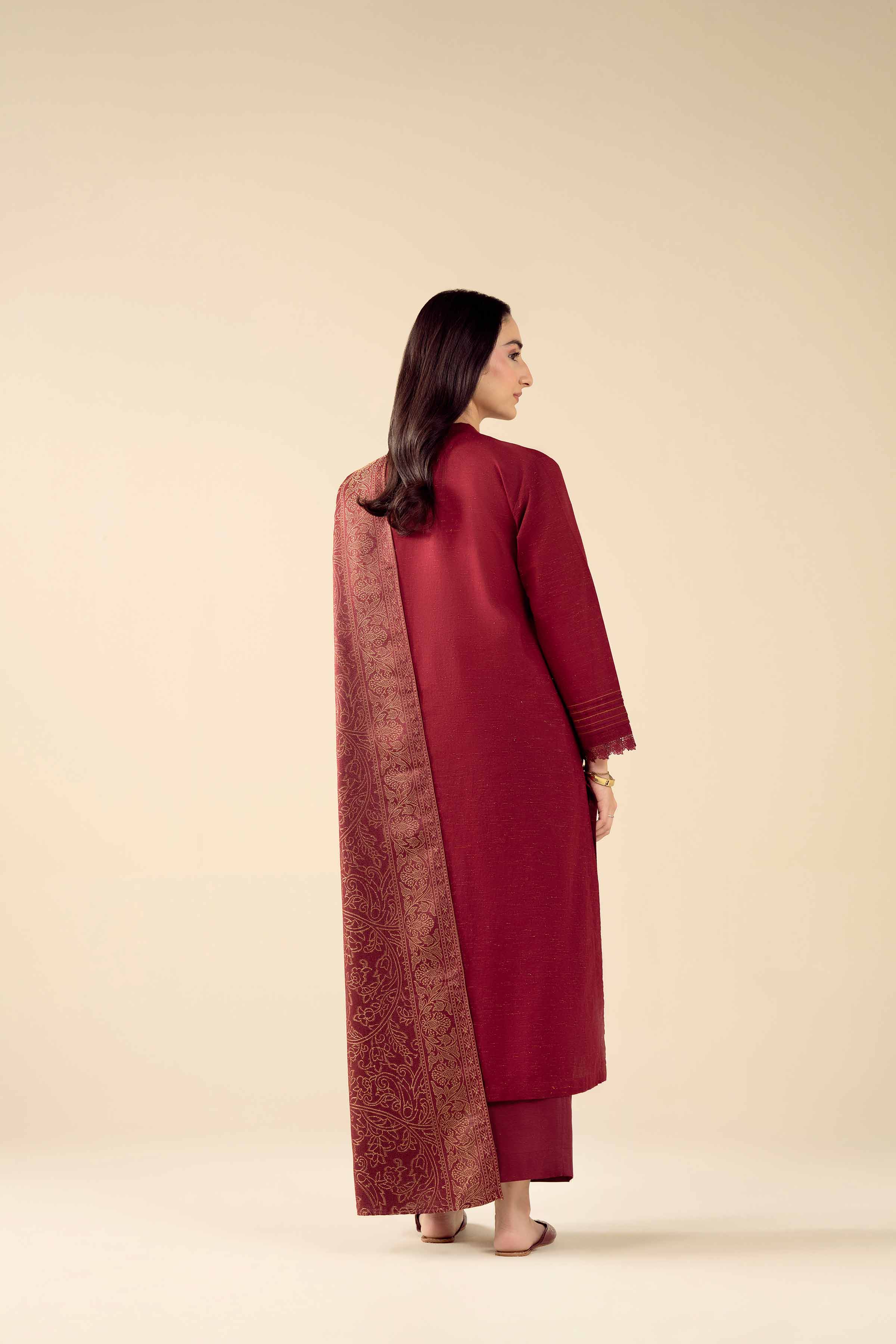 Nishat UK - Red Embroidered Slub 3 Pieces ready to wear Suit