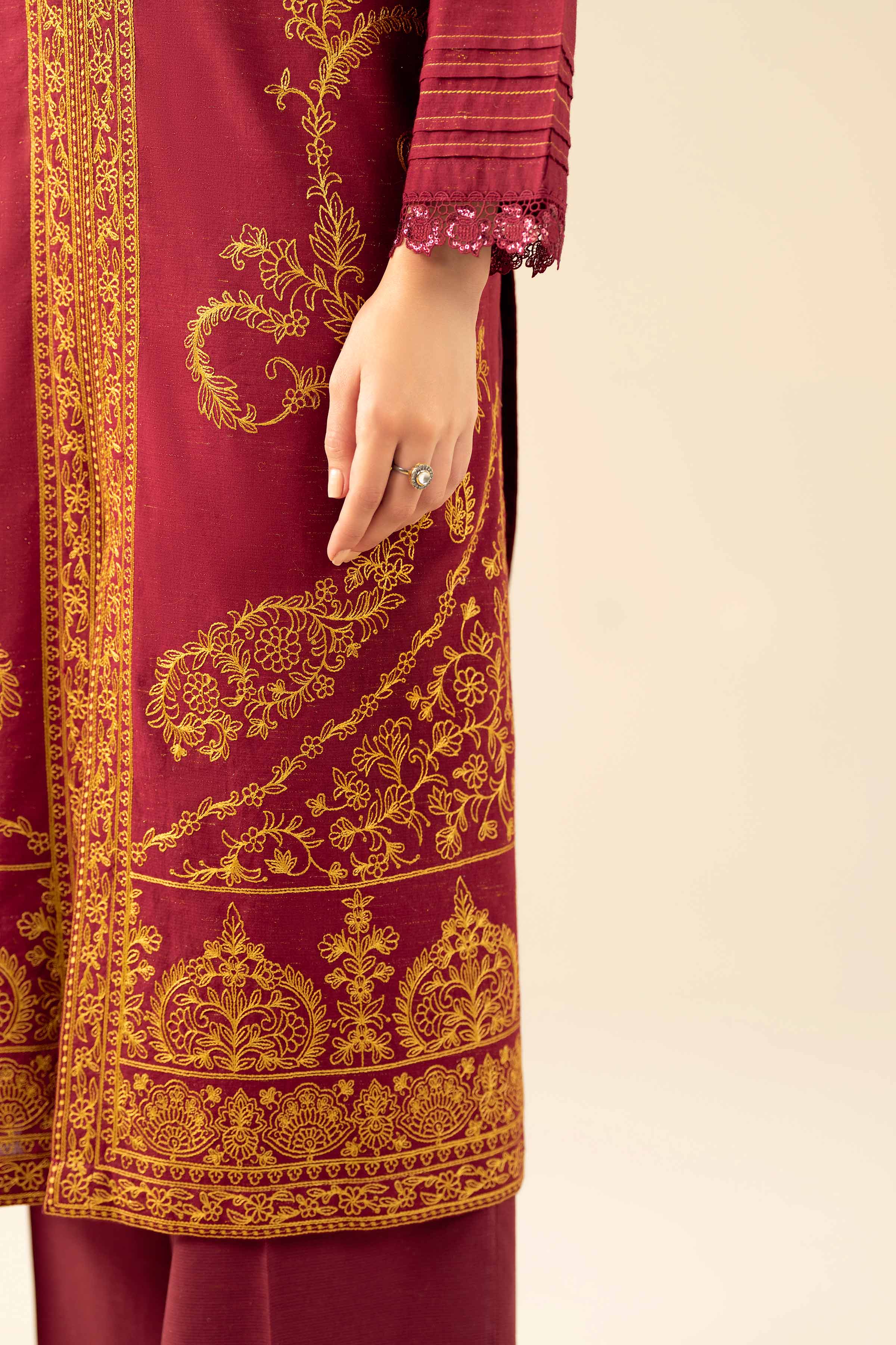 Nishat UK - Red Embroidered Slub 3 Pieces ready to wear Suit