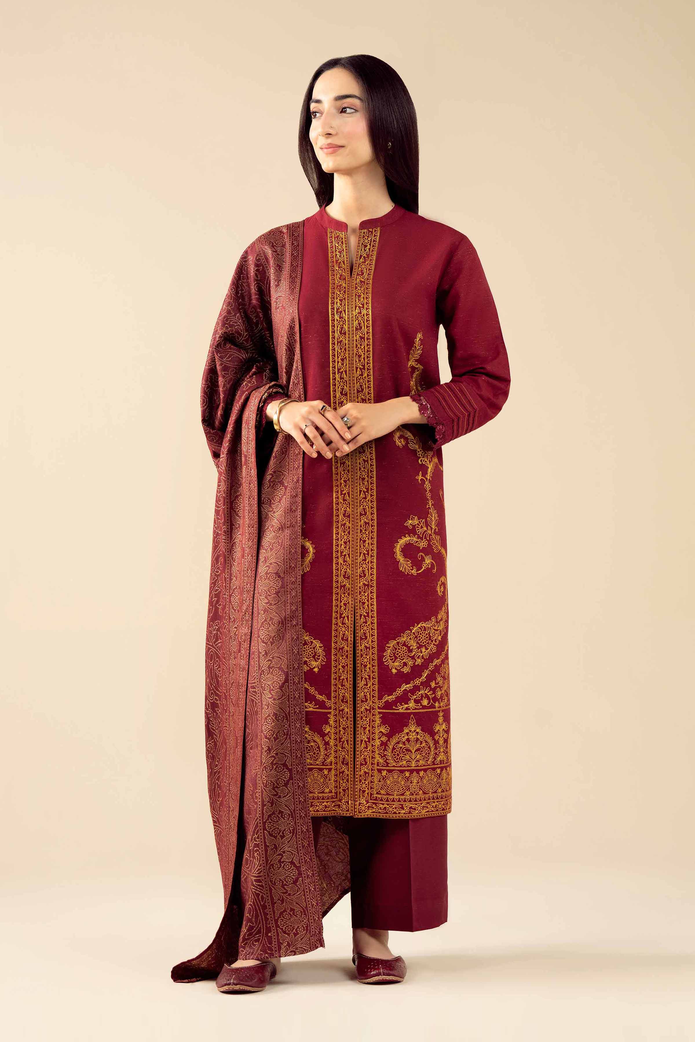 Nishat UK - Red Embroidered Slub 3 Pieces ready to wear Suit
