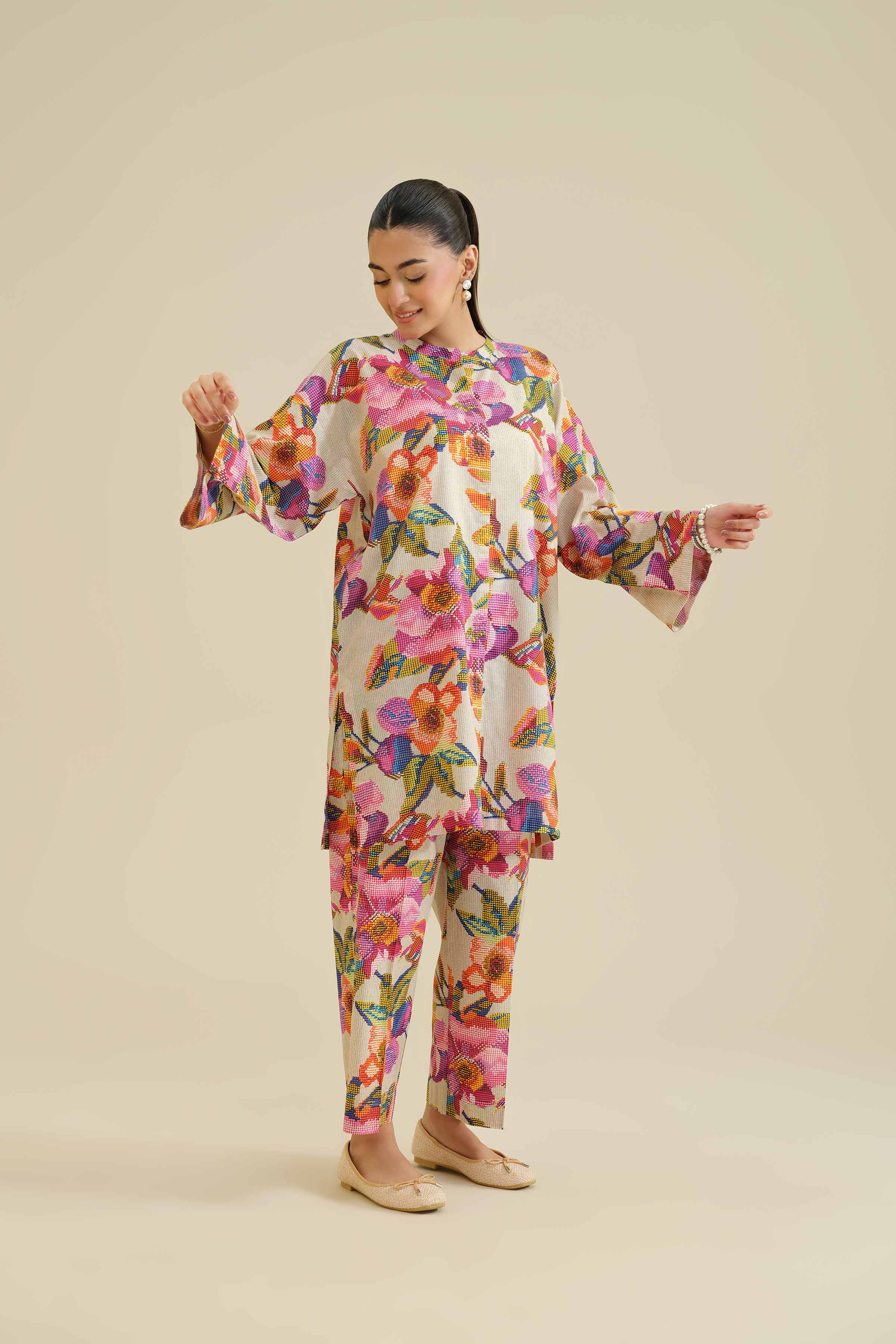NishatUK - Beige Printed Cambric 2-piece ready to wear Dress
