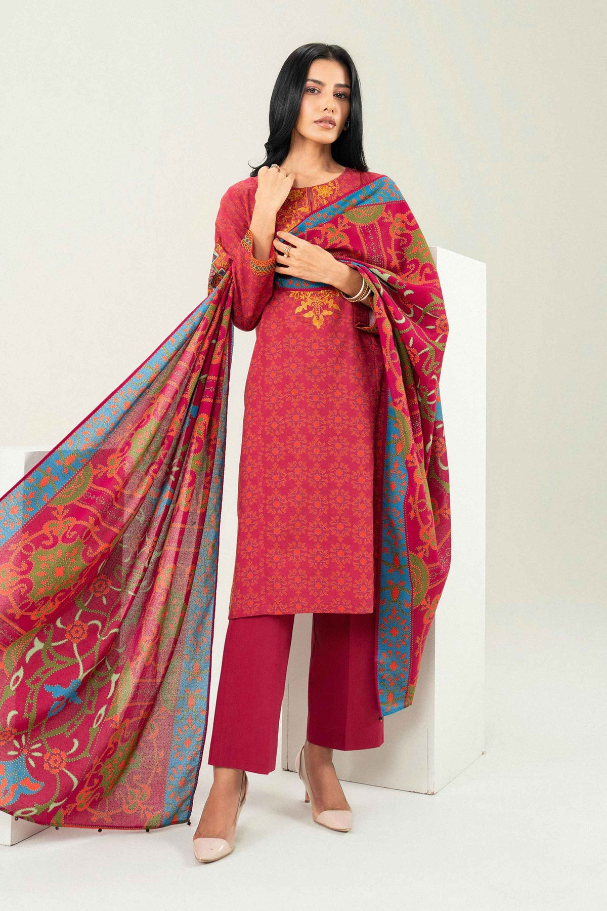 Nishat UK - Pink Embroidered Karandi 3 Pieces ready to wear Suit
