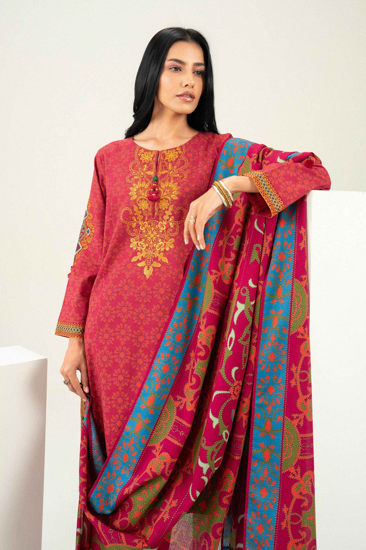 Nishat UK - Pink Embroidered Karandi 3 Pieces ready to wear Suit