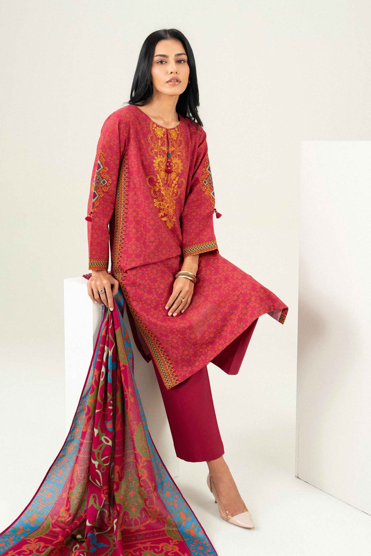 Nishat UK - Pink Embroidered Karandi 3 Pieces ready to wear Suit