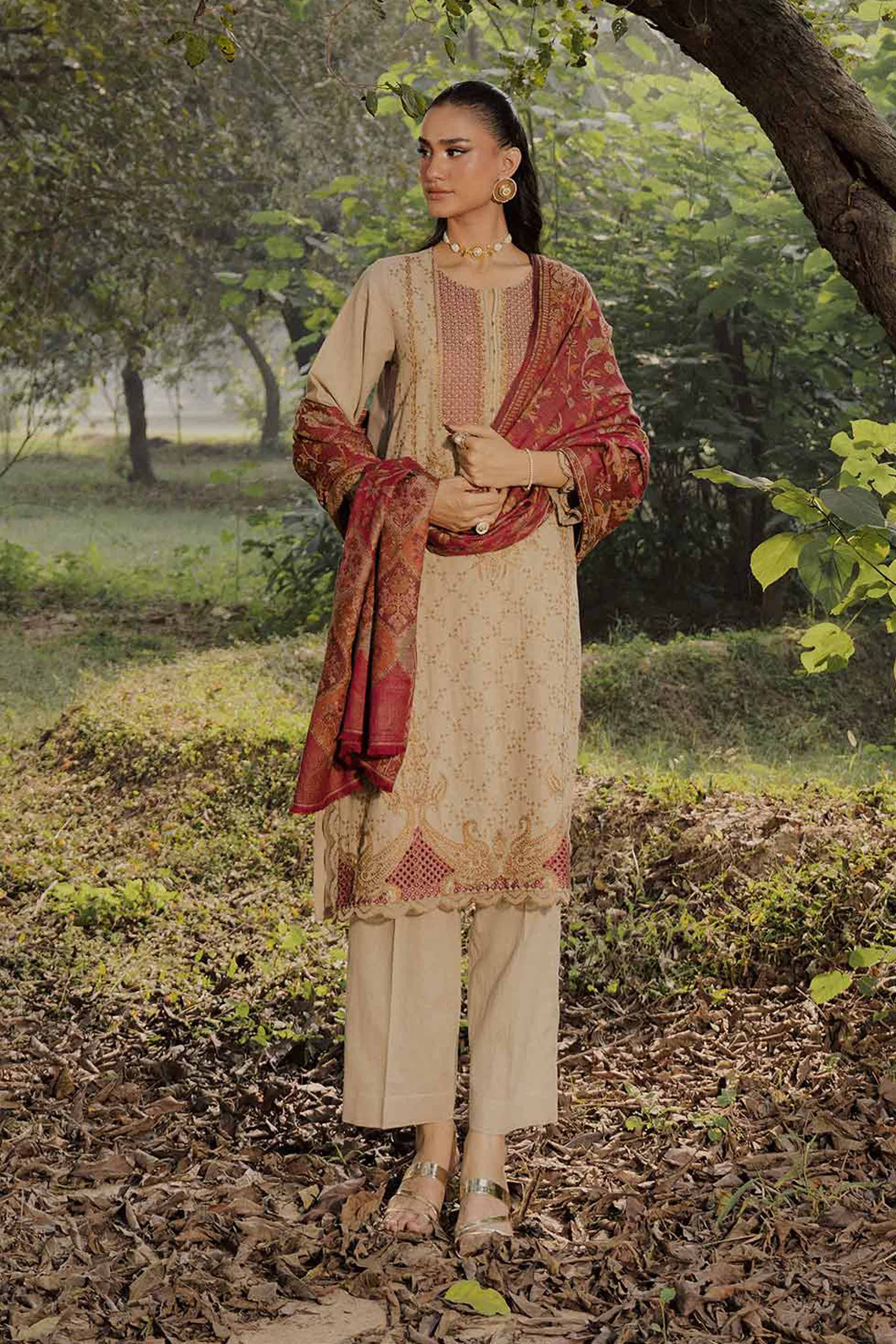 NishatUK - Beige Embroidered Linen 3-piece ready to wear suit