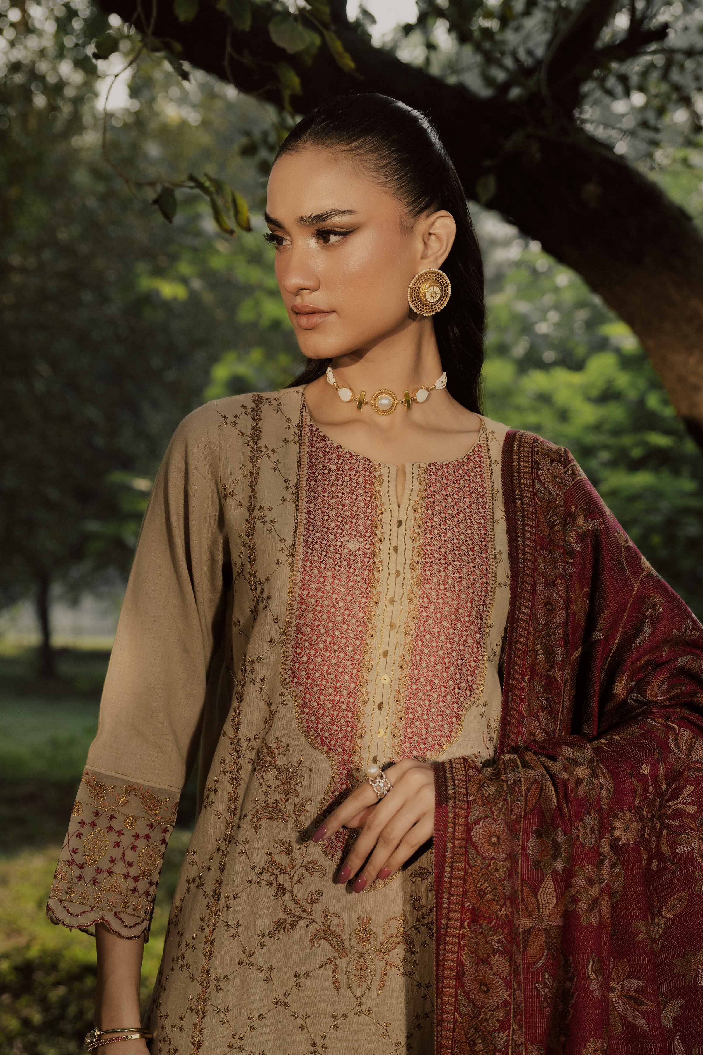 NishatUK - Beige Embroidered Linen 3-piece ready to wear suit
