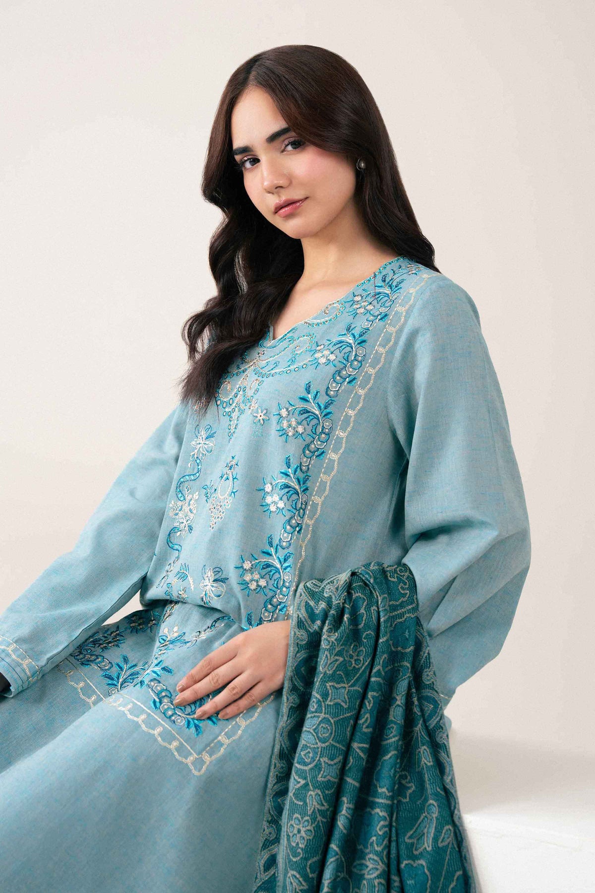 Nishat UK - Blue Embroidered Linen 3 Pieces ready to wear Suit