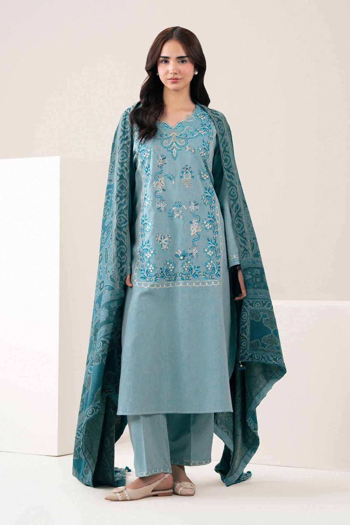 Nishat UK - Blue Embroidered Linen 3 Pieces ready to wear Suit