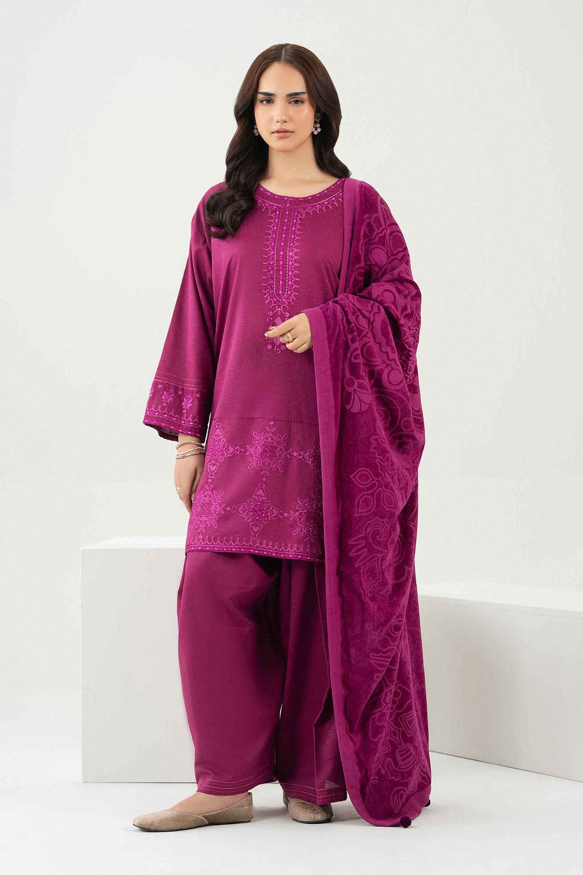 Nishat UK - Purple Embroidered Karandi 3 Pieces ready to wear Suit