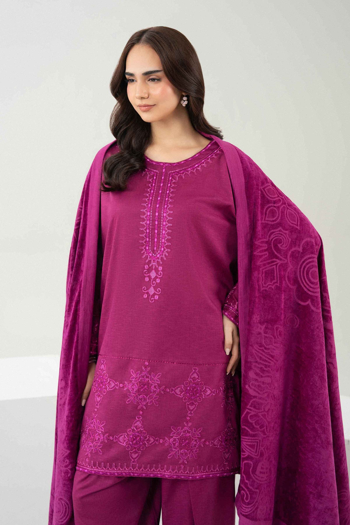 Nishat UK - Purple Embroidered Karandi 3 Pieces ready to wear Suit
