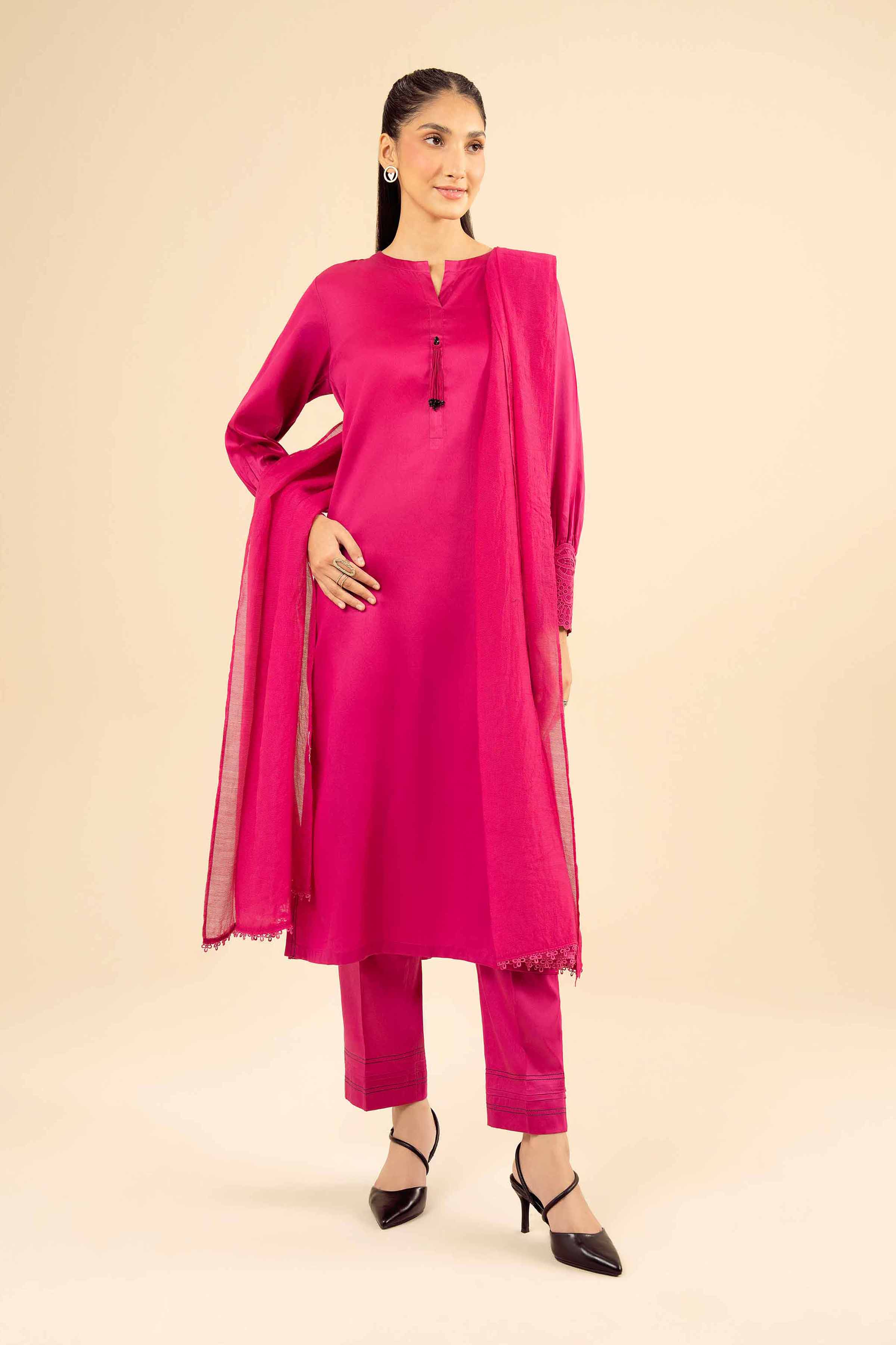 NishatUK - Shocking Pink Solids  Satin 3-piece ready to wear Suit