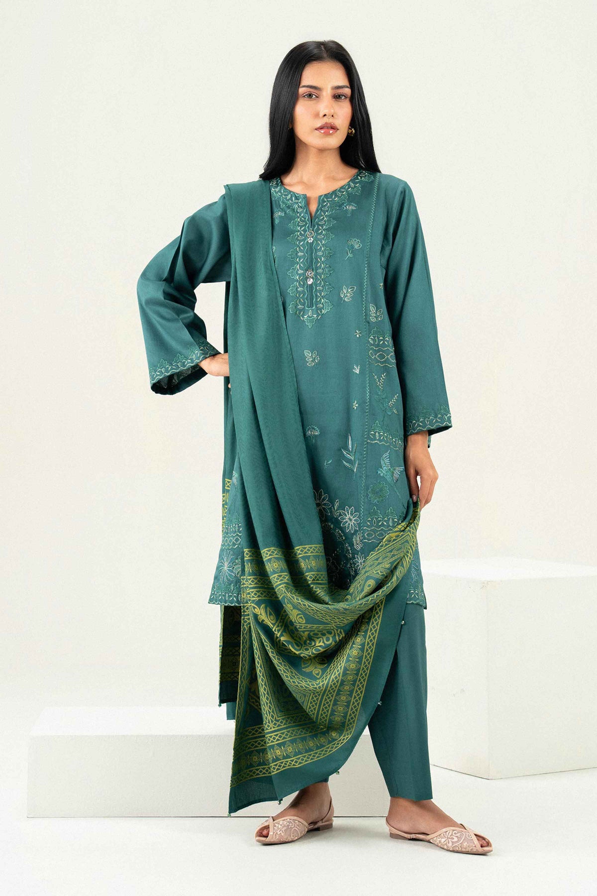 Nishat UK - Green Embroidered Viscose 3 Pieces ready to wear Suit