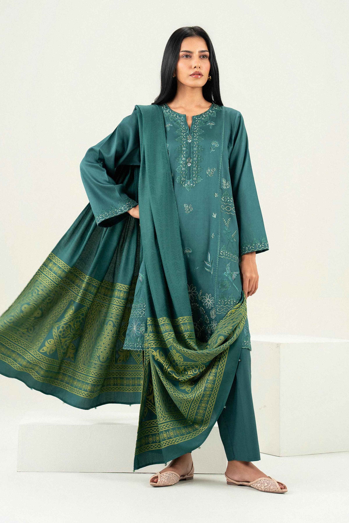 Nishat UK - Green Embroidered Viscose 3 Pieces ready to wear Suit