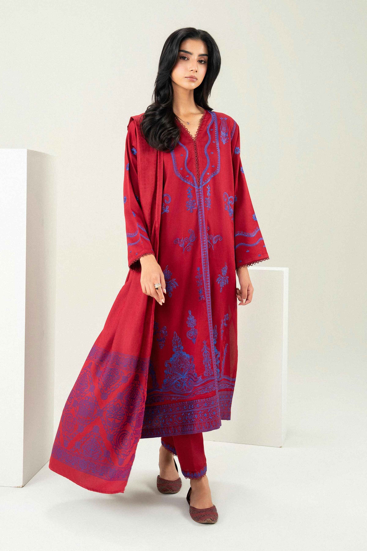 Nishat UK - Red Embroidered Viscose 3 Pieces ready to wear Suit