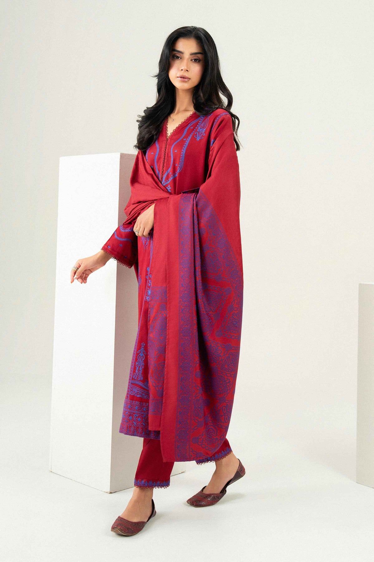 Nishat UK - Red Embroidered Viscose 3 Pieces ready to wear Suit