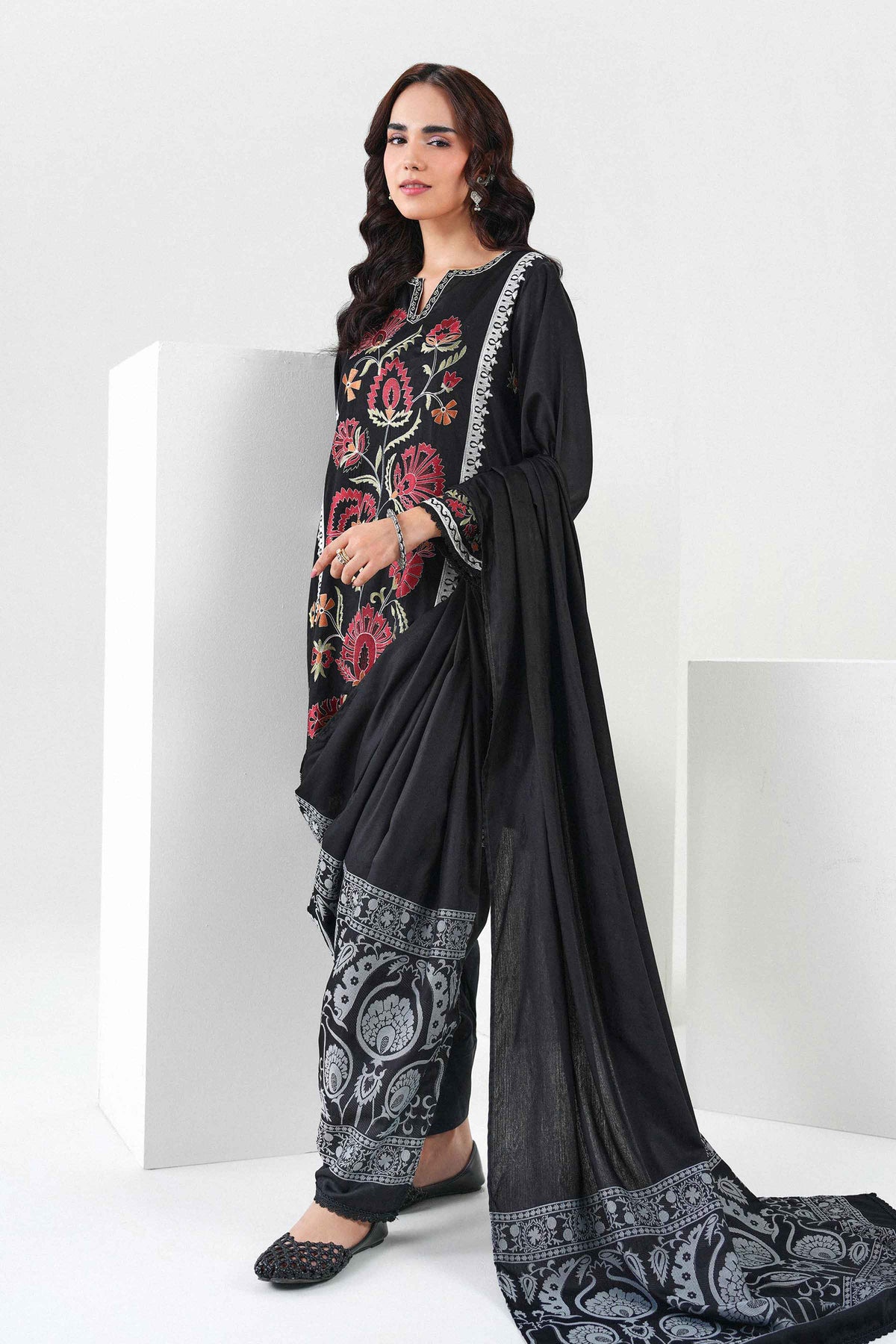 Nishat UK - Black Embroidered Viscose 3 Pieces ready to wear Suit