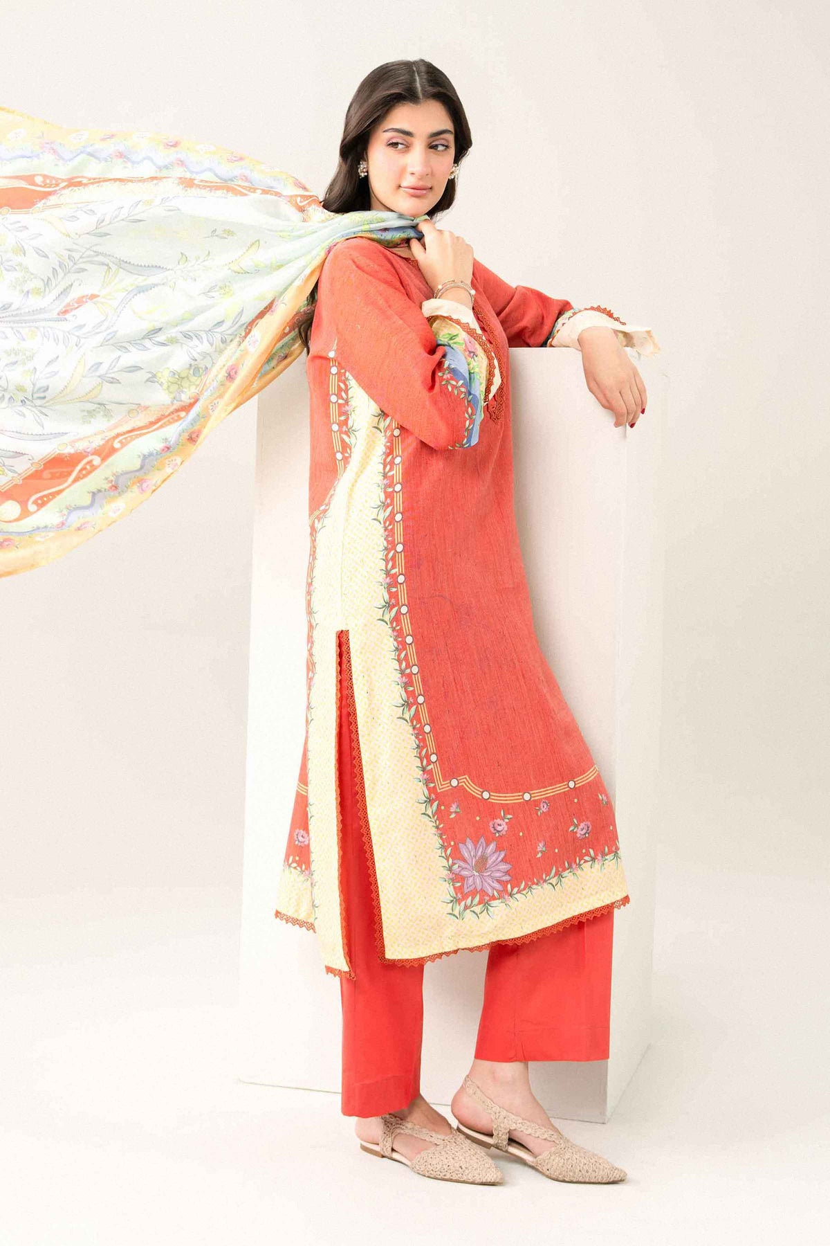 Nishat UK - Orange Printed Khaddar 3 Pieces ready to wear Suit