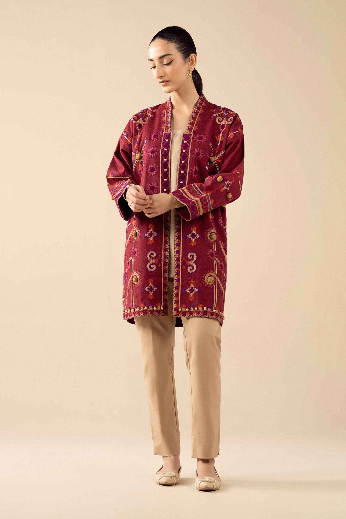 Nishat UK - Red Embroidered Karandi 1 Piece ready to wear jacket