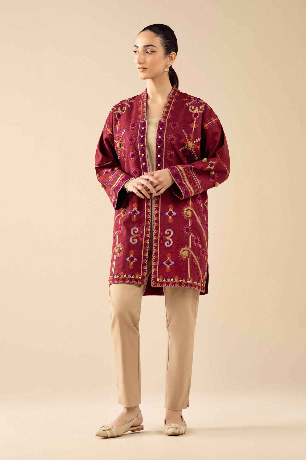 Nishat UK - Red Embroidered Karandi 1 Piece ready to wear jacket