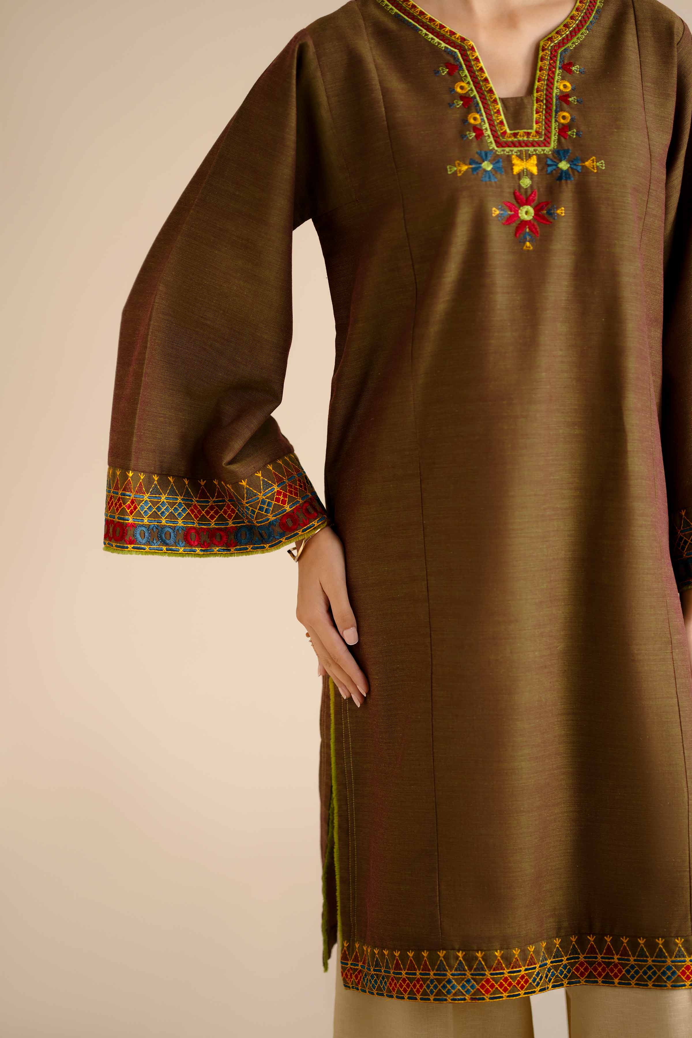 NishatUK - Green Embroidered Khaddar 1-piece ready to wear Shirt