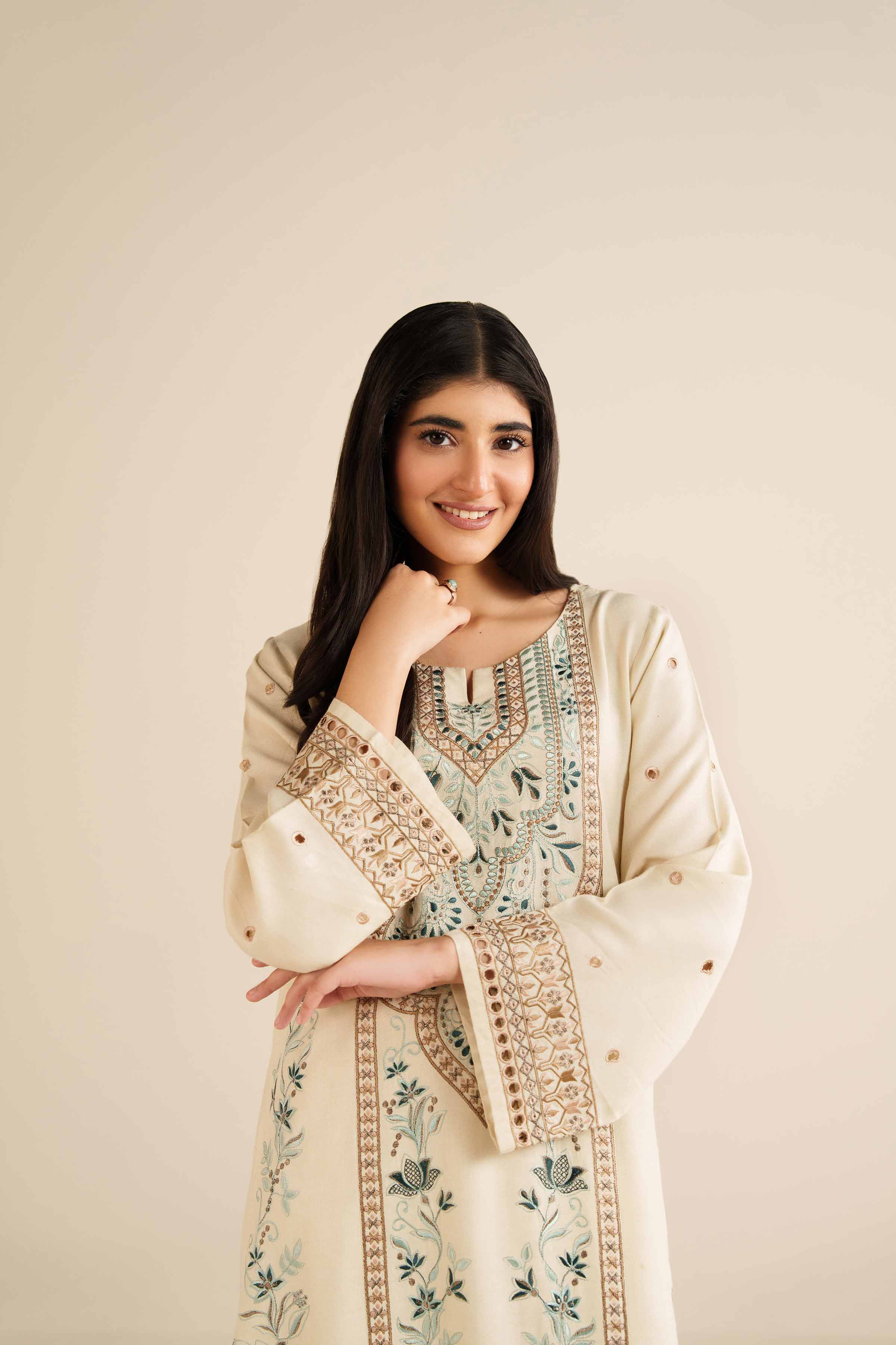 NishatUK - Off White Embroidered Glitter Slub 2-piece ready to wear Dress