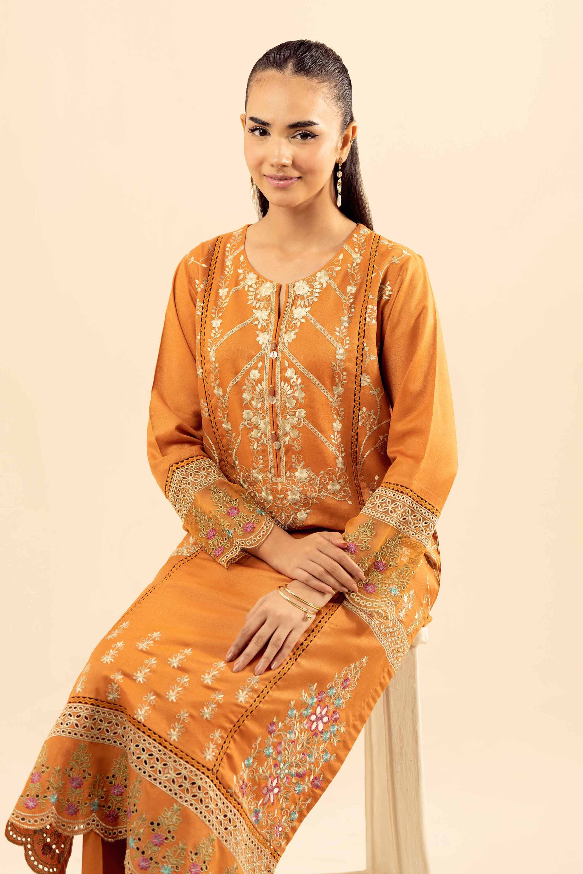NishatUK - Mustard Embroidered Slub 2-piece ready to wear Dress
