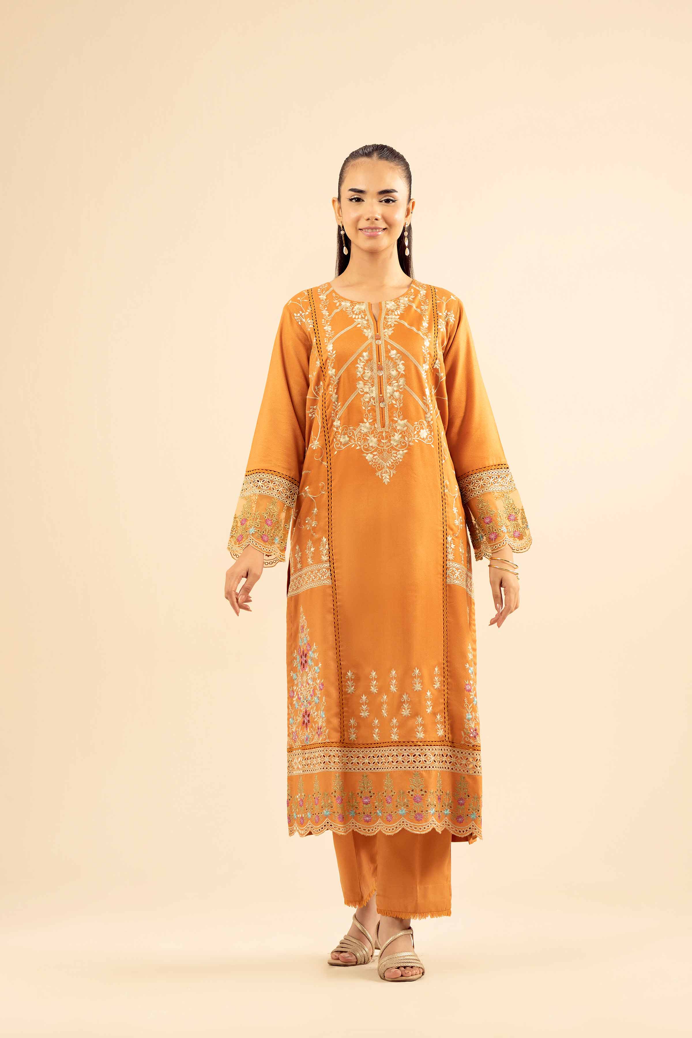 NishatUK - Mustard Embroidered Slub 2-piece ready to wear Dress