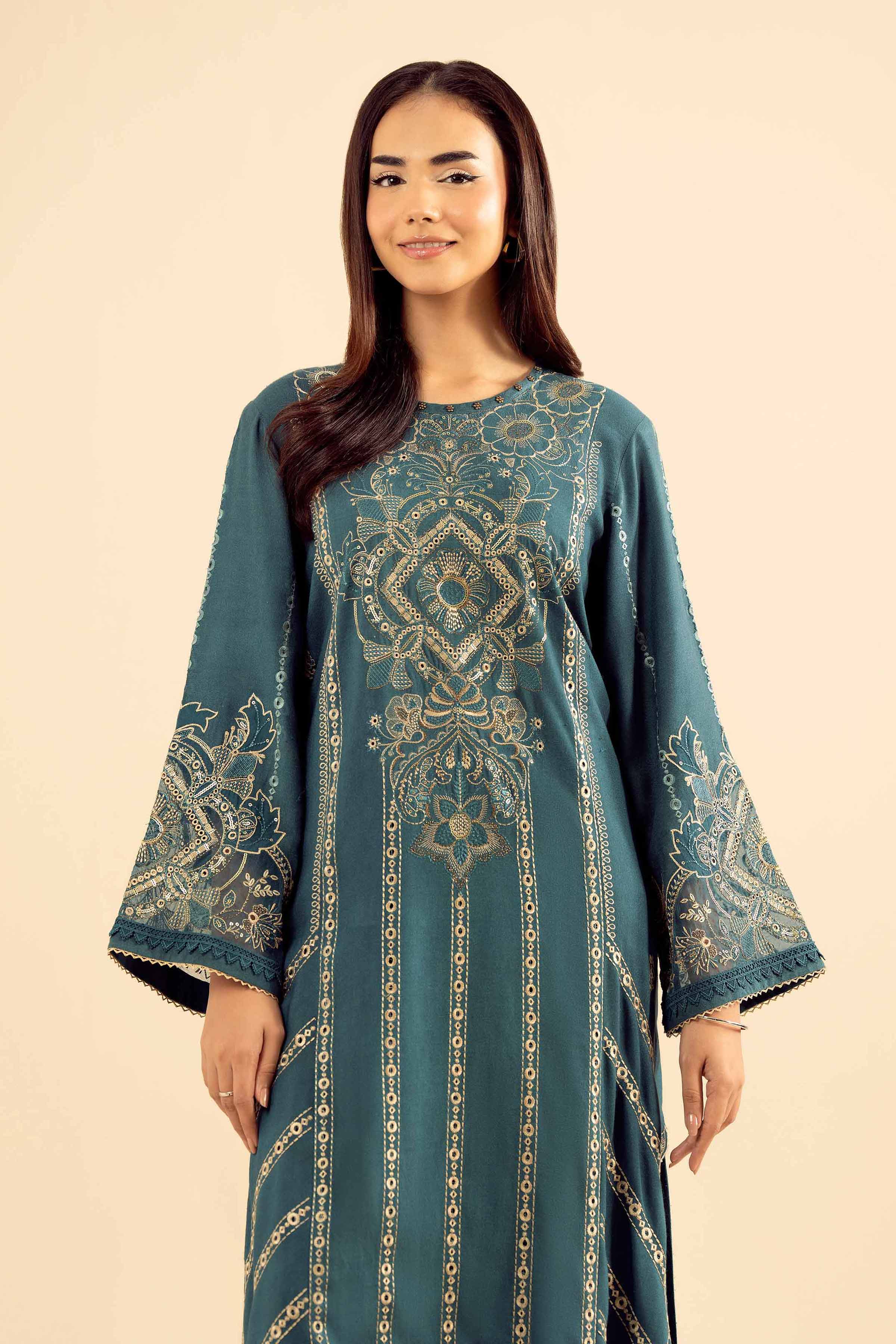 NishatUK - Teal Embroidered Slub 2-piece ready to wear Dress
