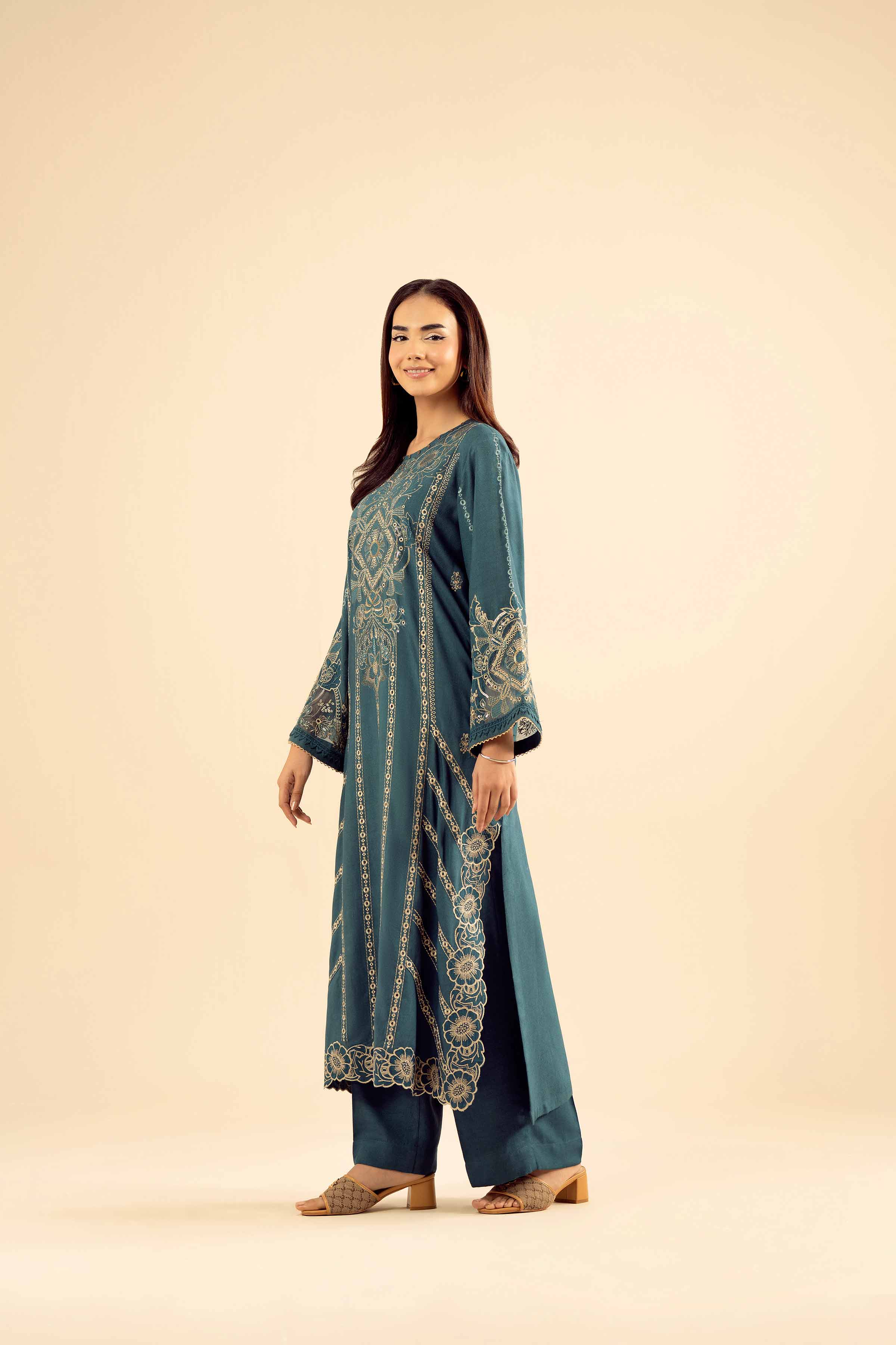 NishatUK - Teal Embroidered Slub 2-piece ready to wear Dress