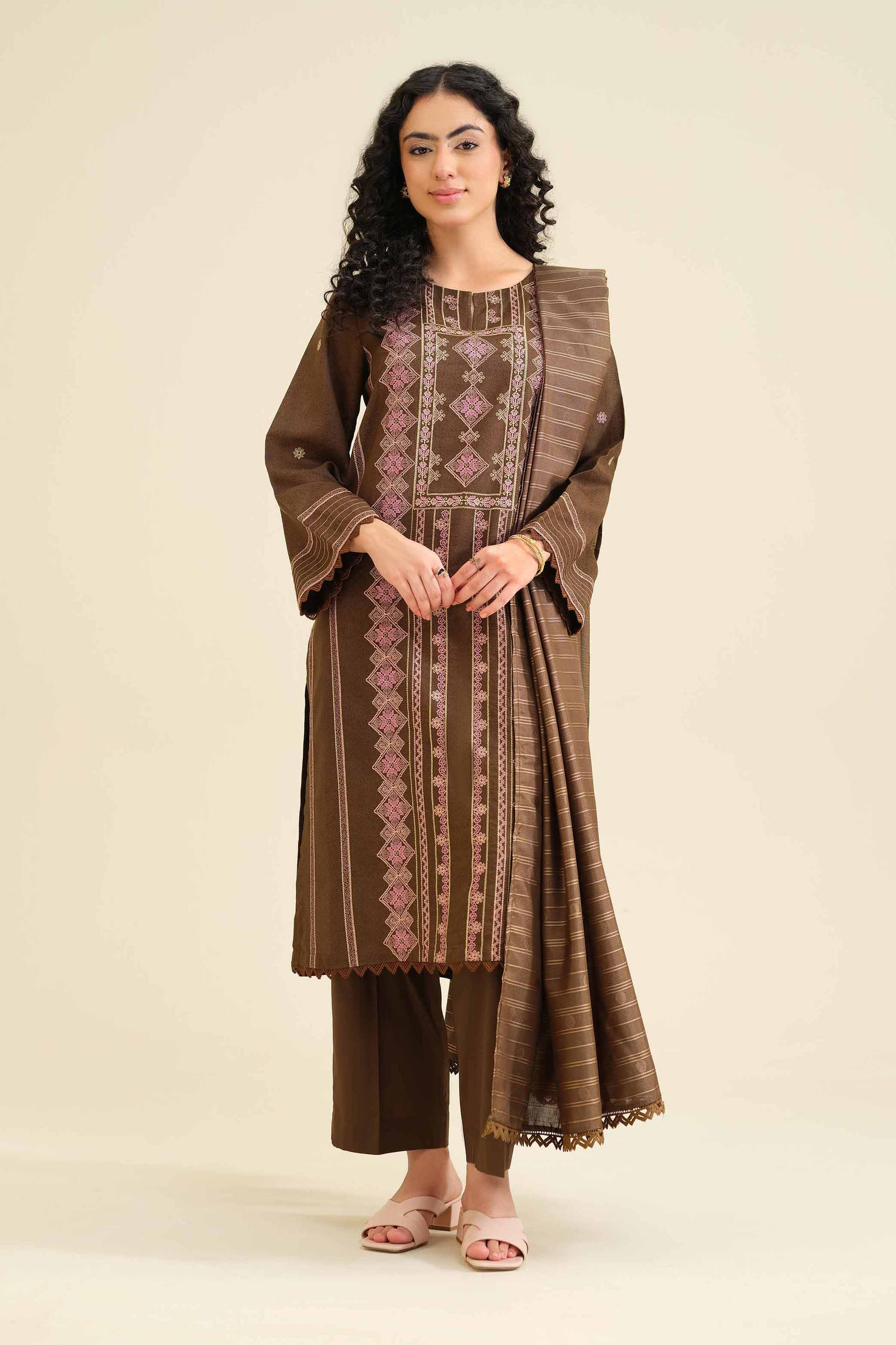 NishatUK - Brown Embroidered Karandi 3-piece ready to wear Suit