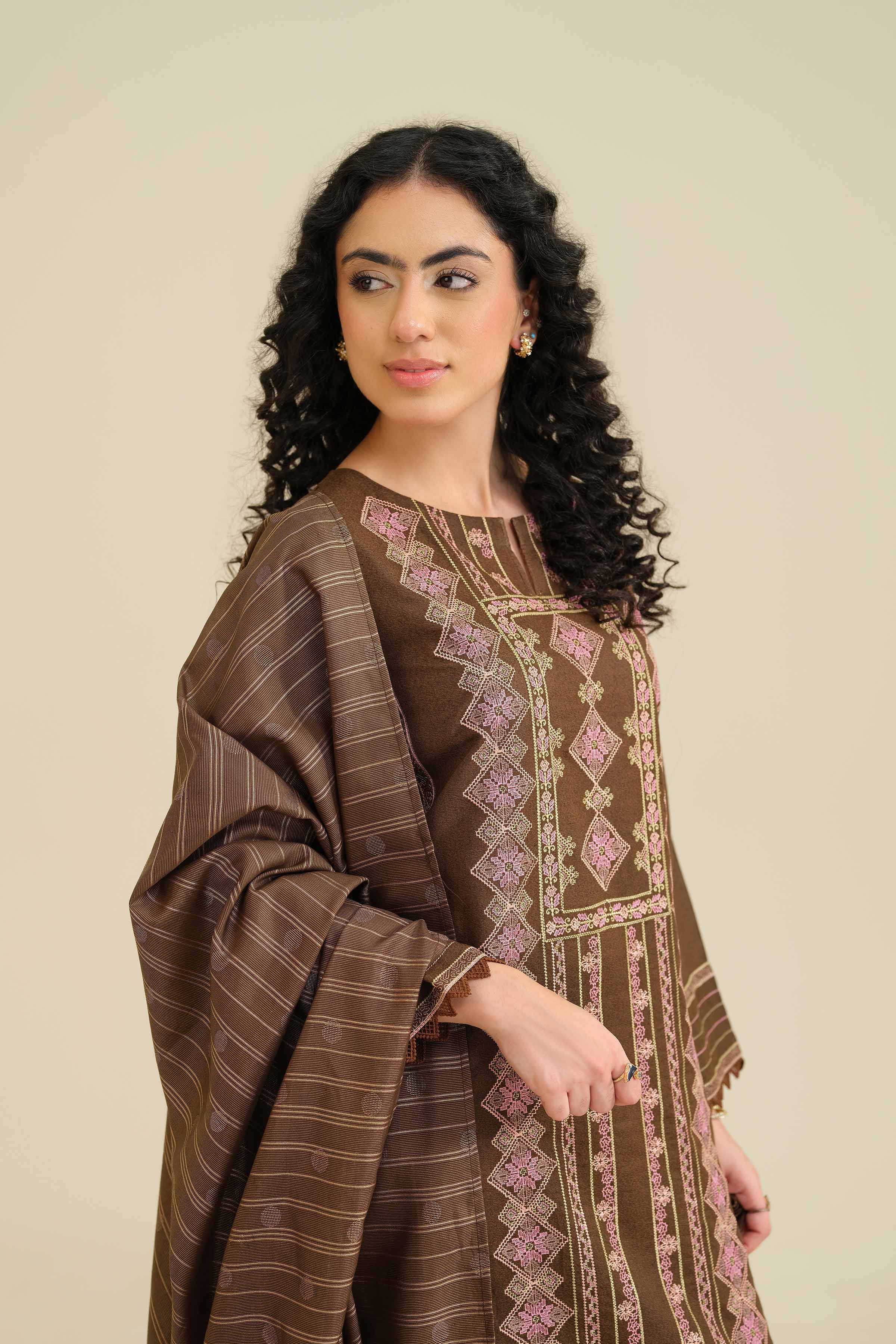 NishatUK - Brown Embroidered Karandi 3-piece ready to wear Suit