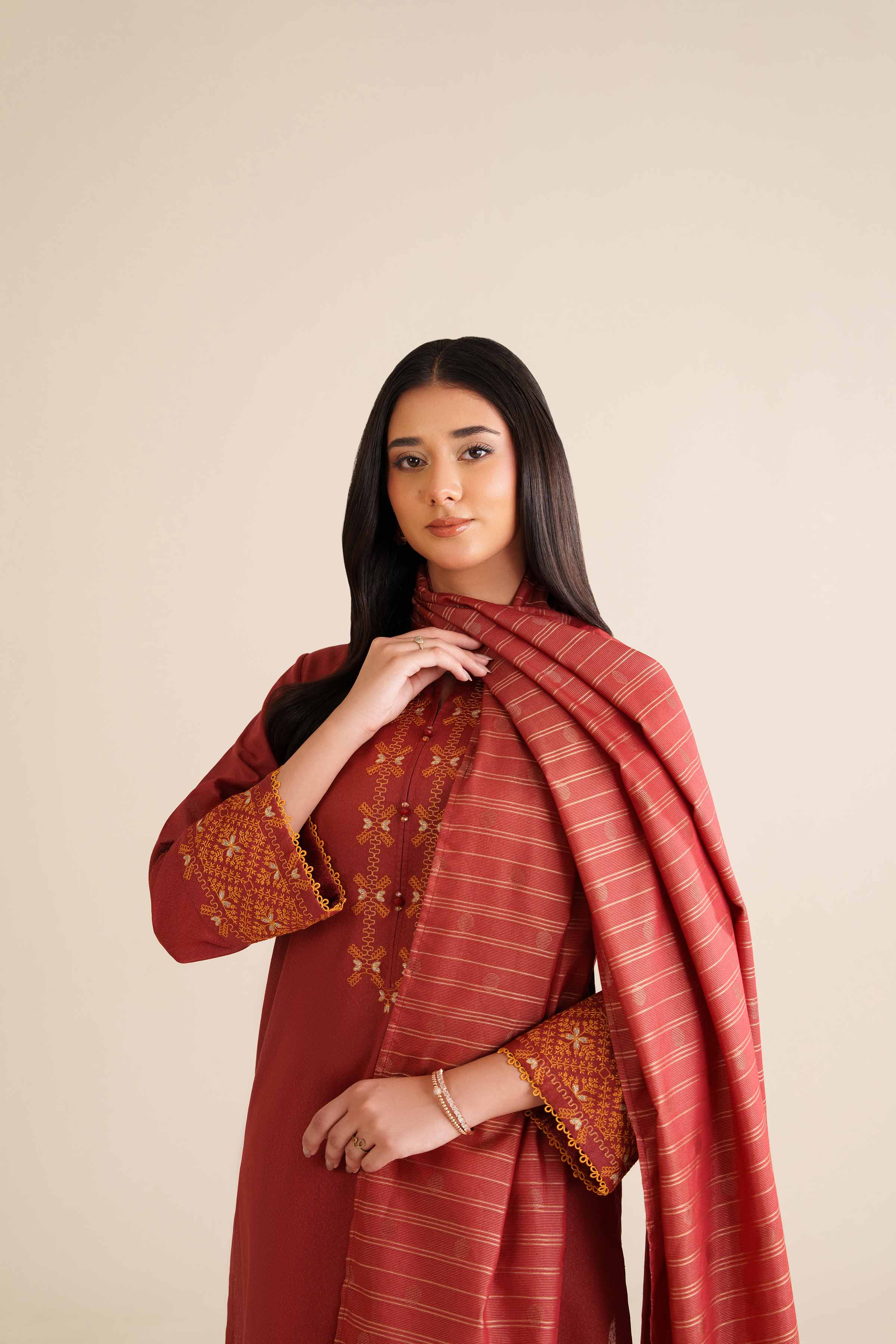 NishatUK - Red Embroidered Karandi 3-piece ready to wear Suit