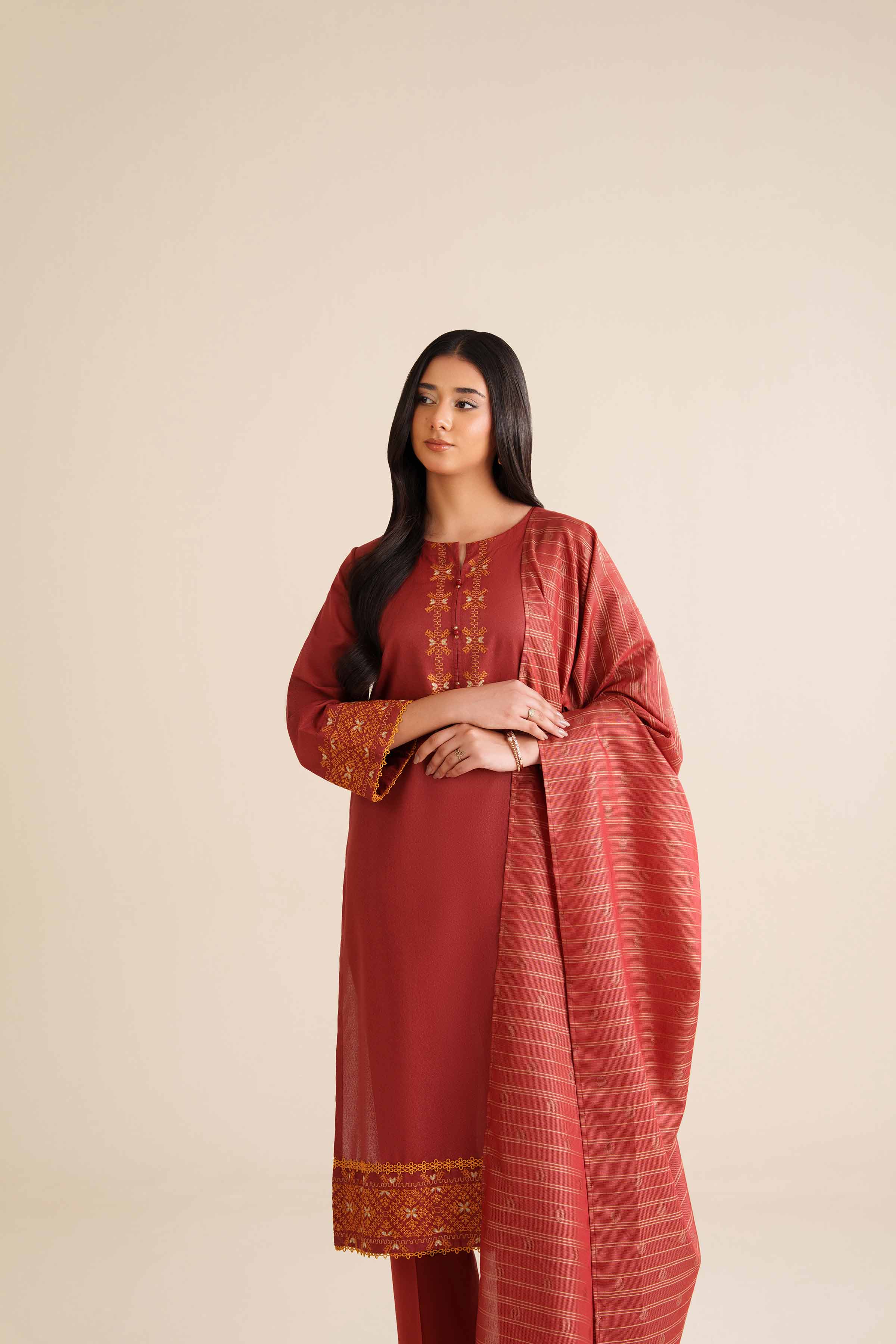 NishatUK - Red Embroidered Karandi 3-piece ready to wear Suit