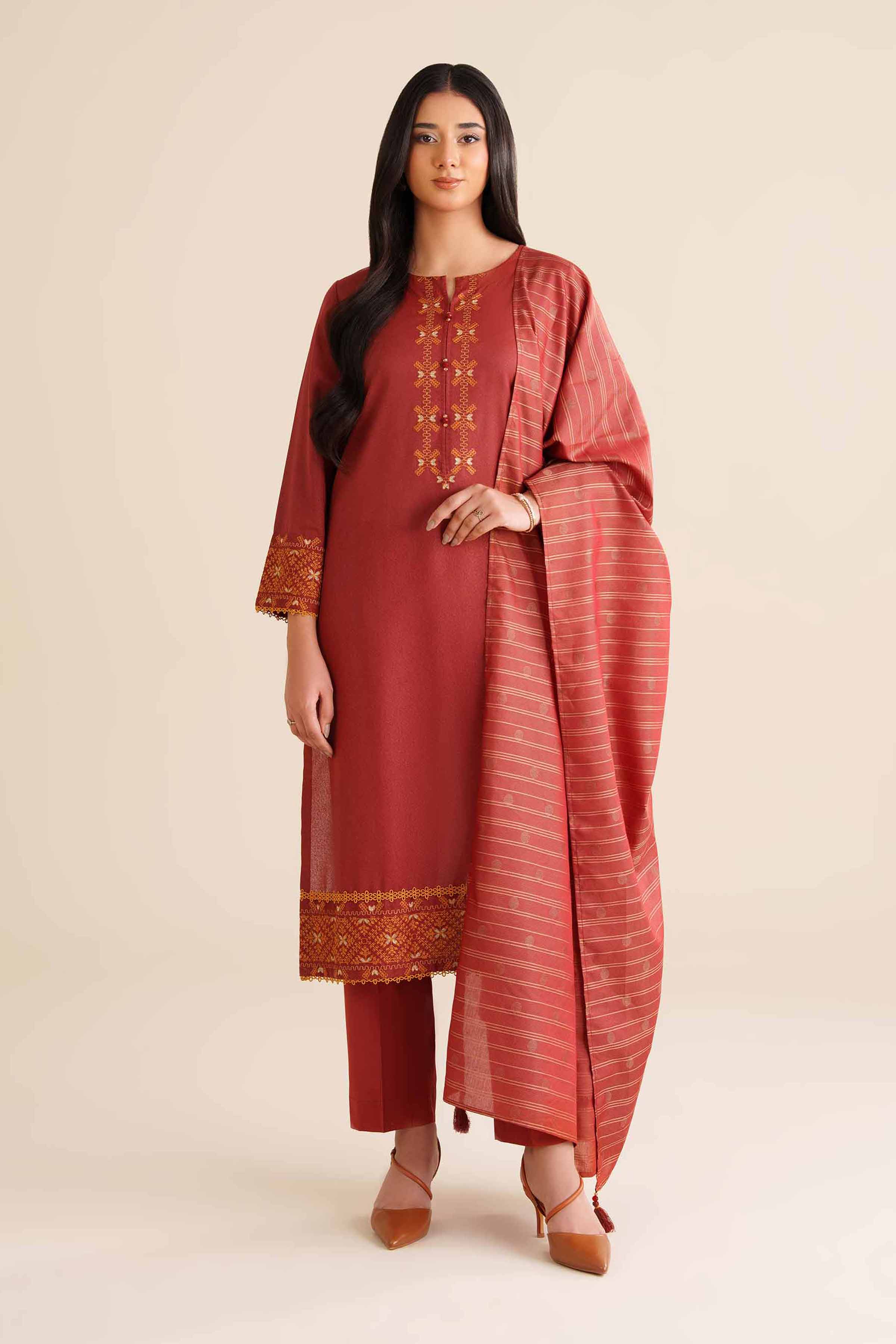 NishatUK - Red Embroidered Karandi 3-piece ready to wear Suit