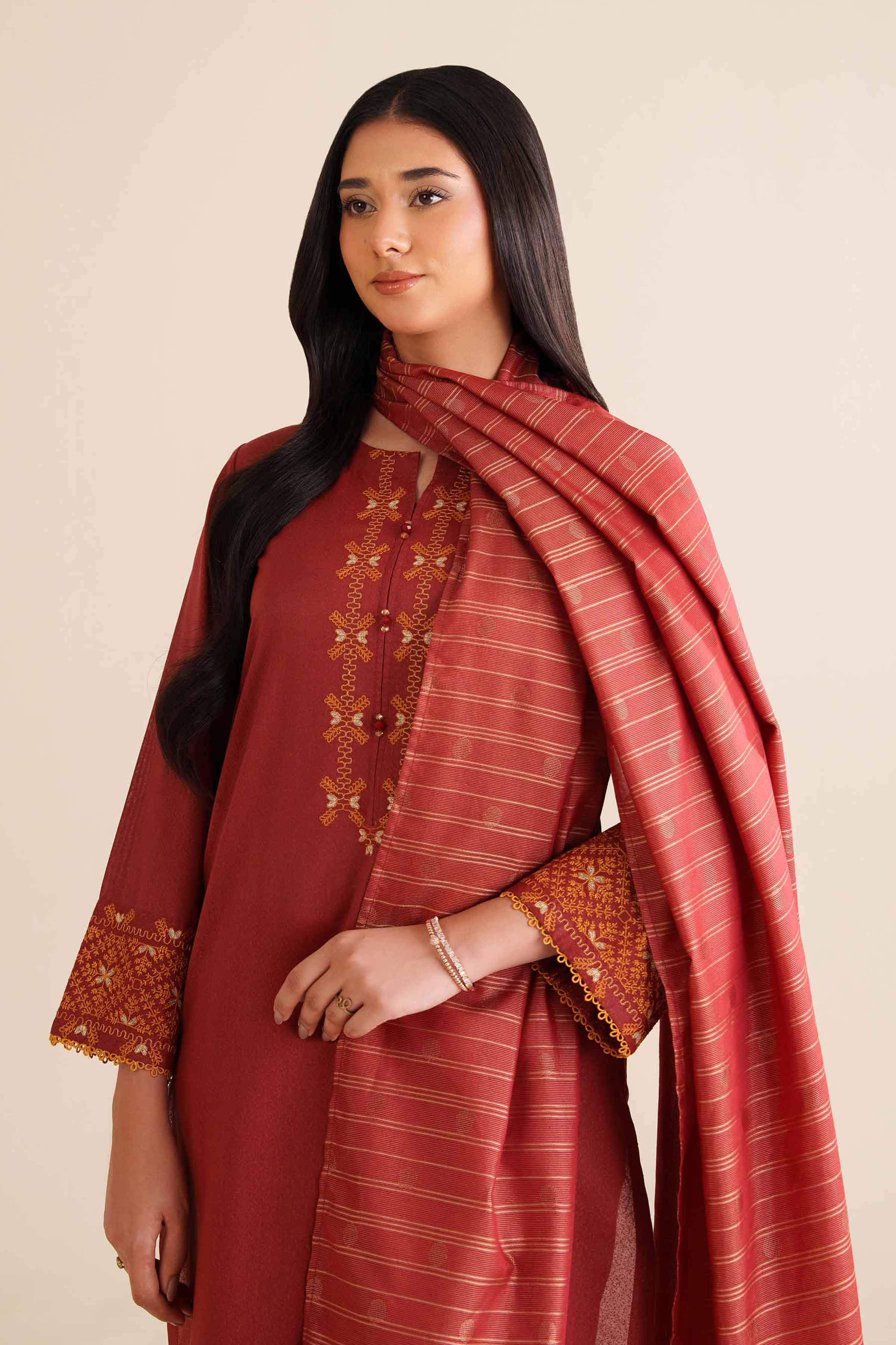 NishatUK - Red Embroidered Karandi 3-piece ready to wear Suit