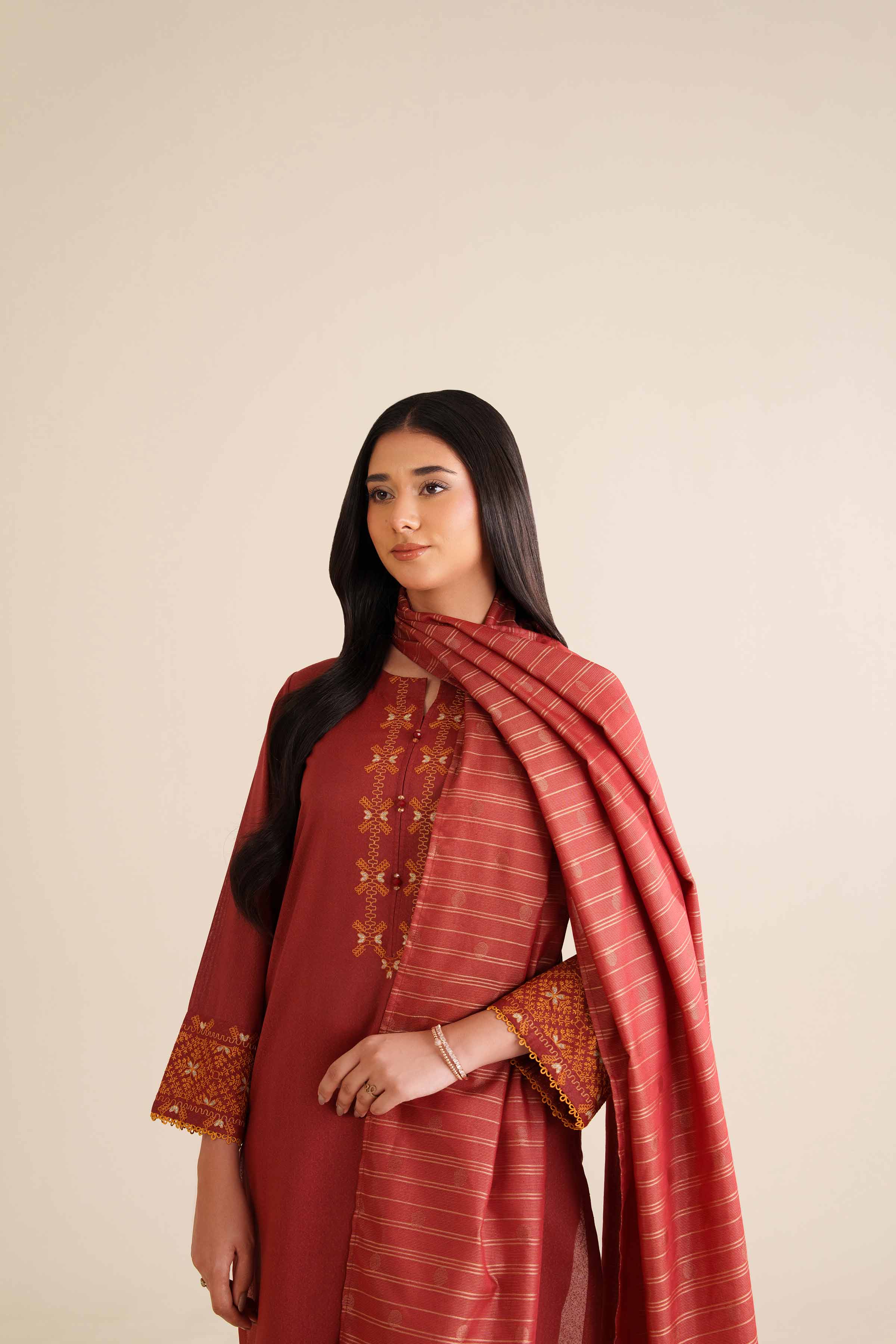 NishatUK - Red Embroidered Karandi 3-piece ready to wear Suit