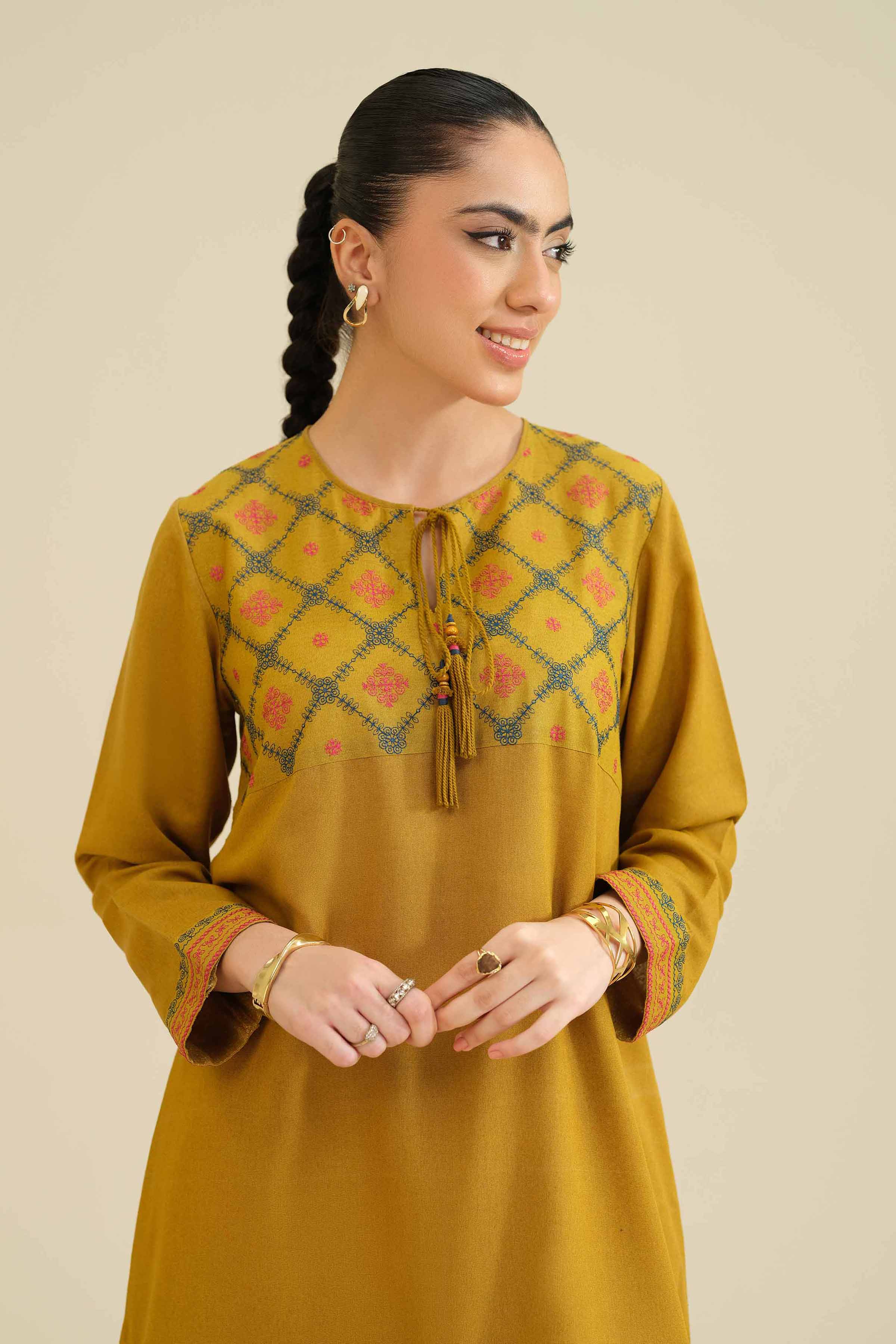 NishatUK - Mustard Embroidered Karandi 1-piece ready to wear Dress