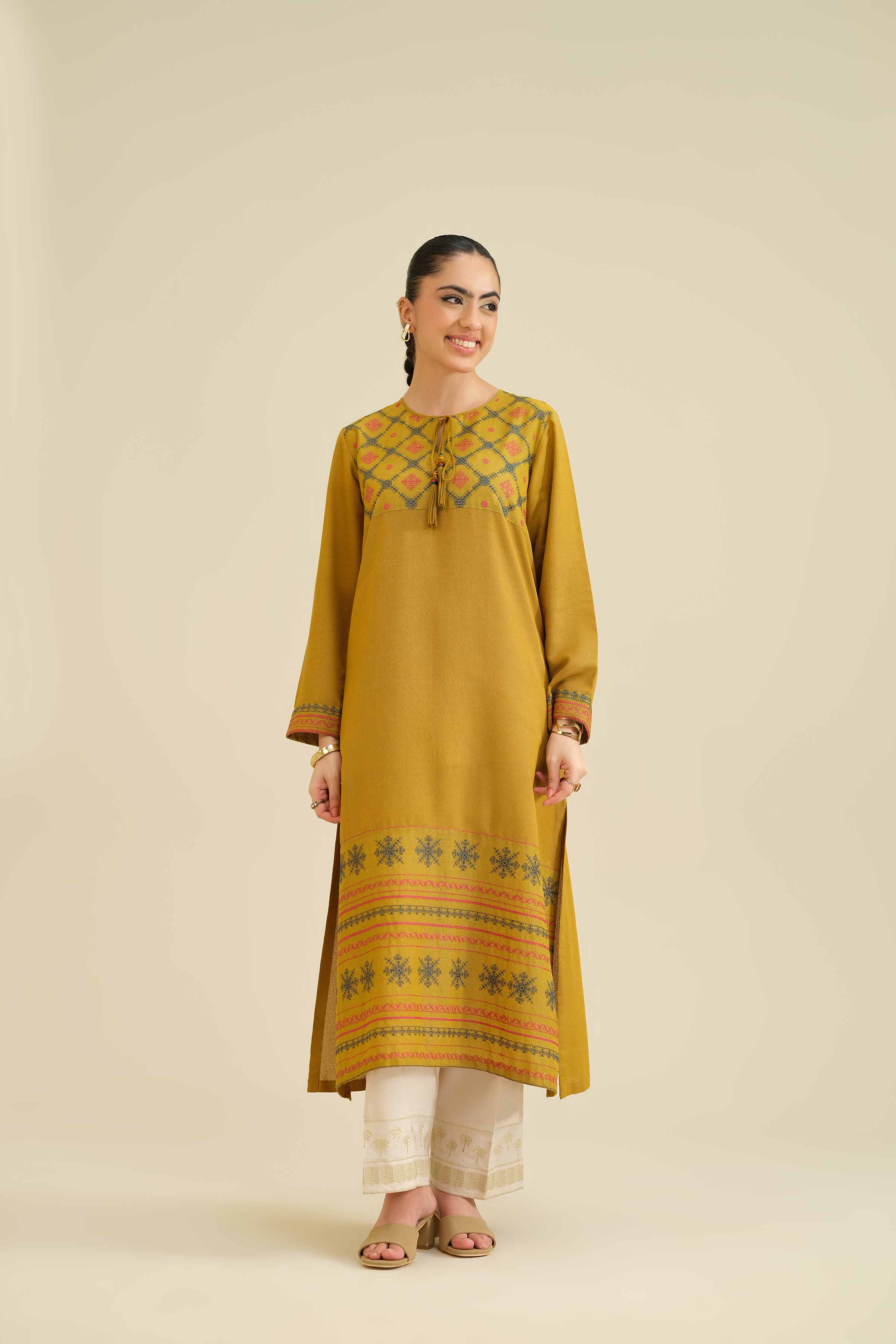 NishatUK - Mustard Embroidered Karandi 1-piece ready to wear Dress