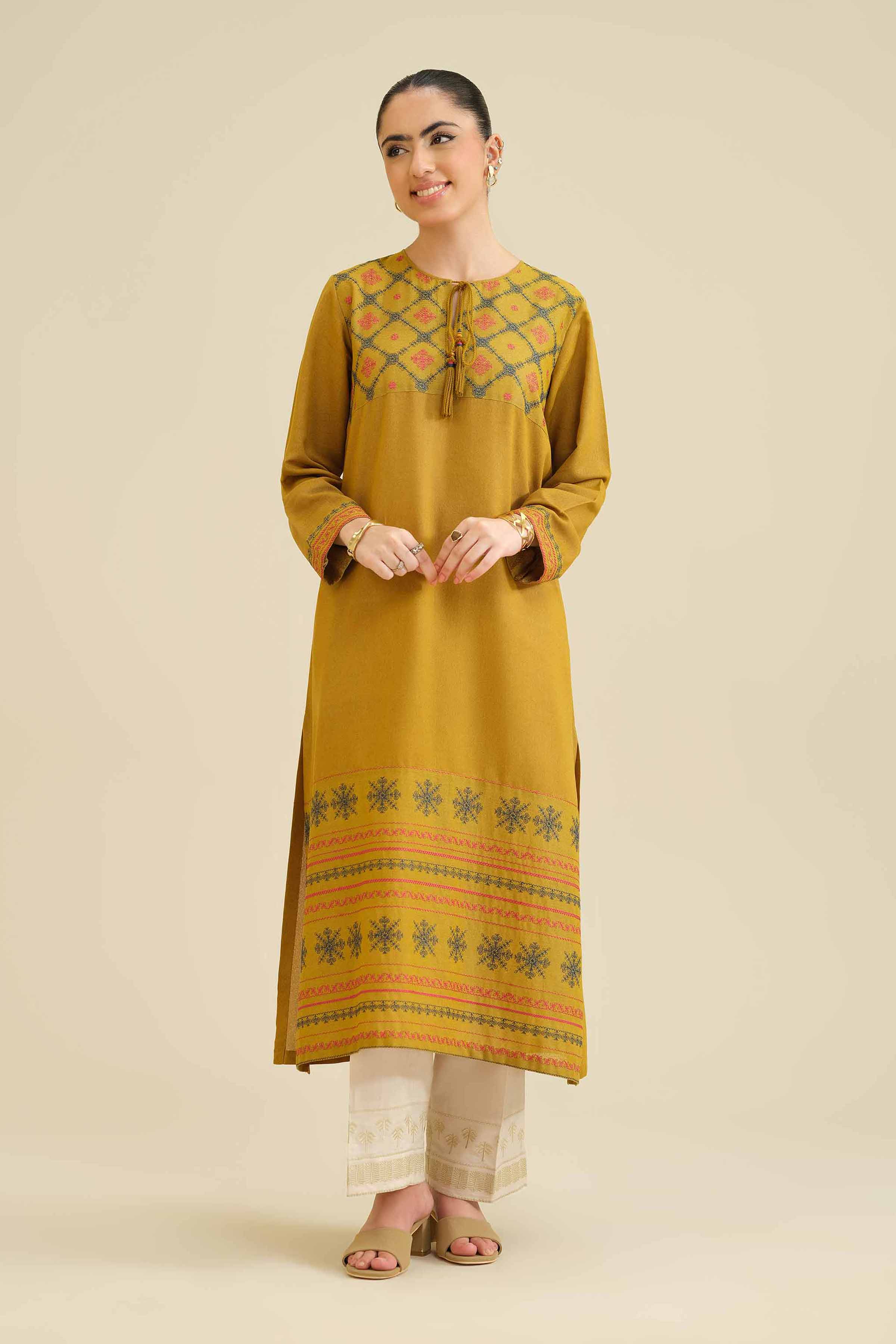 NishatUK - Mustard Embroidered Karandi 1-piece ready to wear Dress